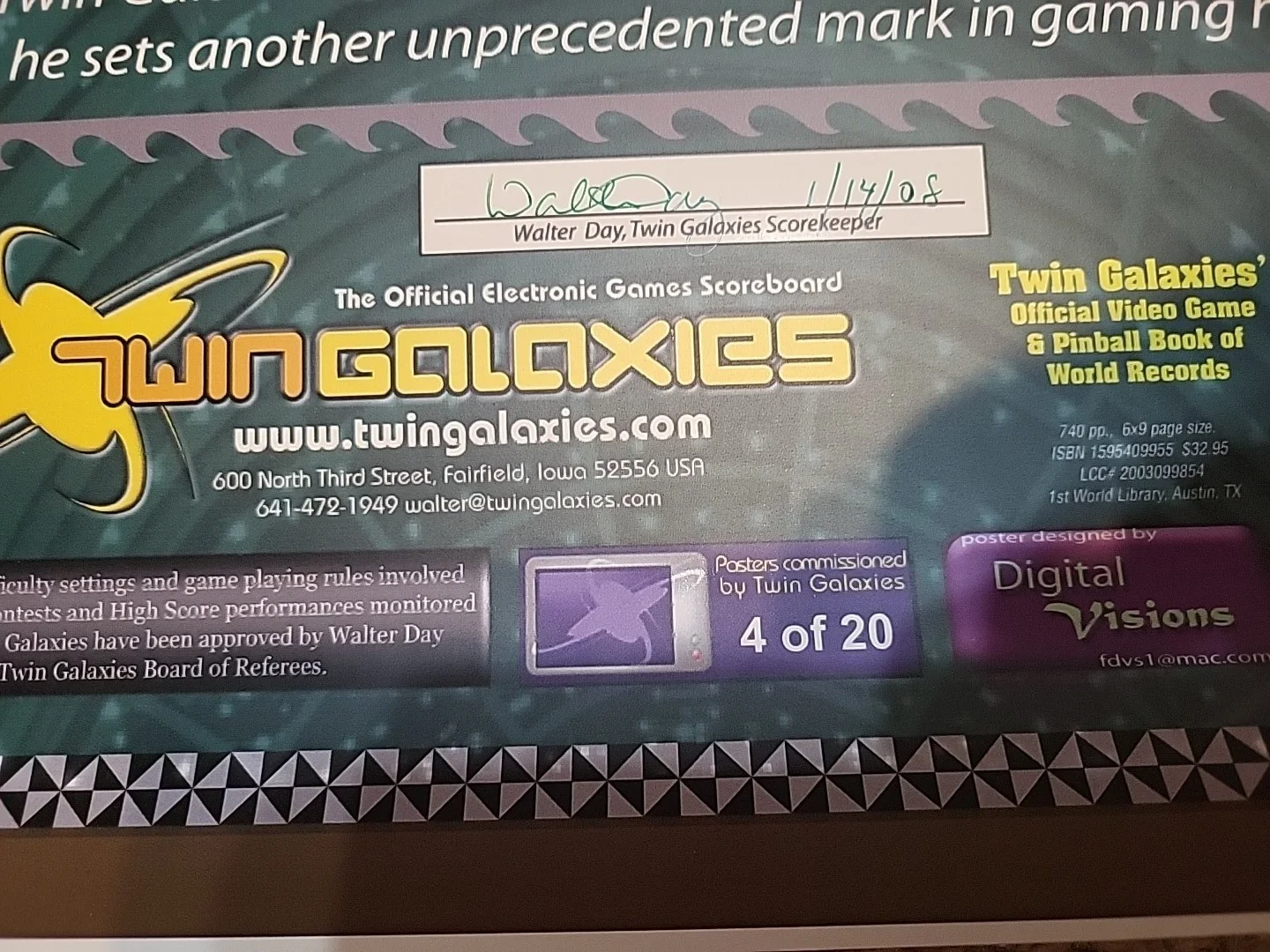 Walter Day — 3000 World Records Twin Galaxies Poster Tom Duncan Autographed by Walter Day, image 2