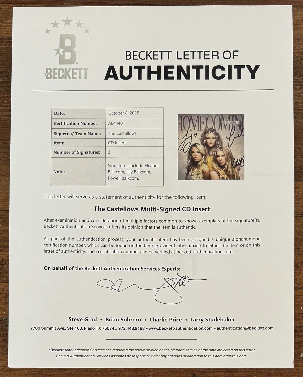 Framed The Castellows BAND SIGNED Homecoming Photo Card & CD BAS Beckett COA, изображение 2
