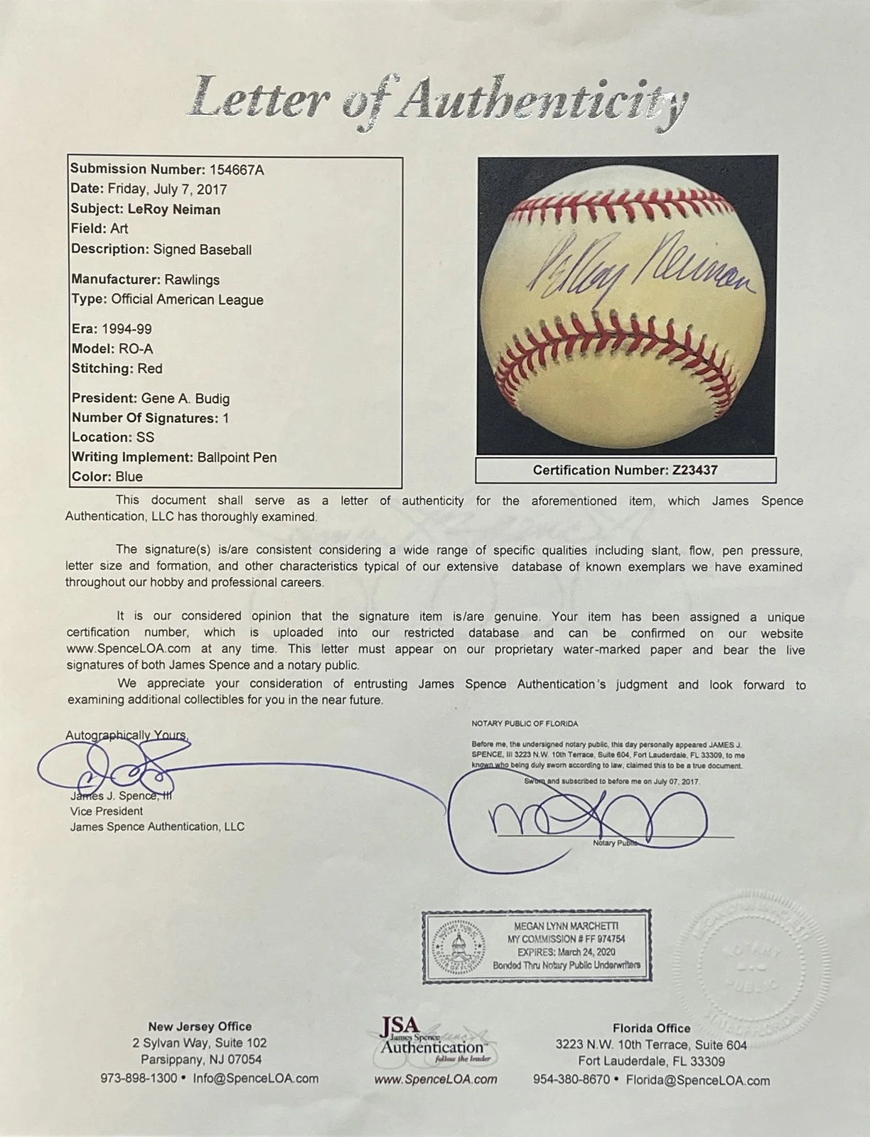 LeRoy Neiman Signed/Autographed OAL Baseball Artist JSA 201216, image 5
