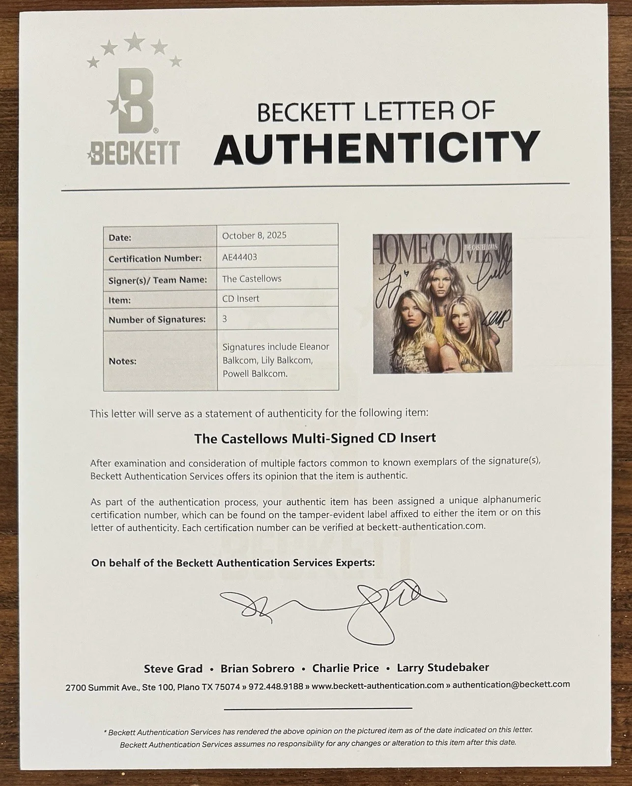 The Castellows BAND SIGNED Homecoming Album Art Photo Card & CD BAS Beckett COA, изображение 4