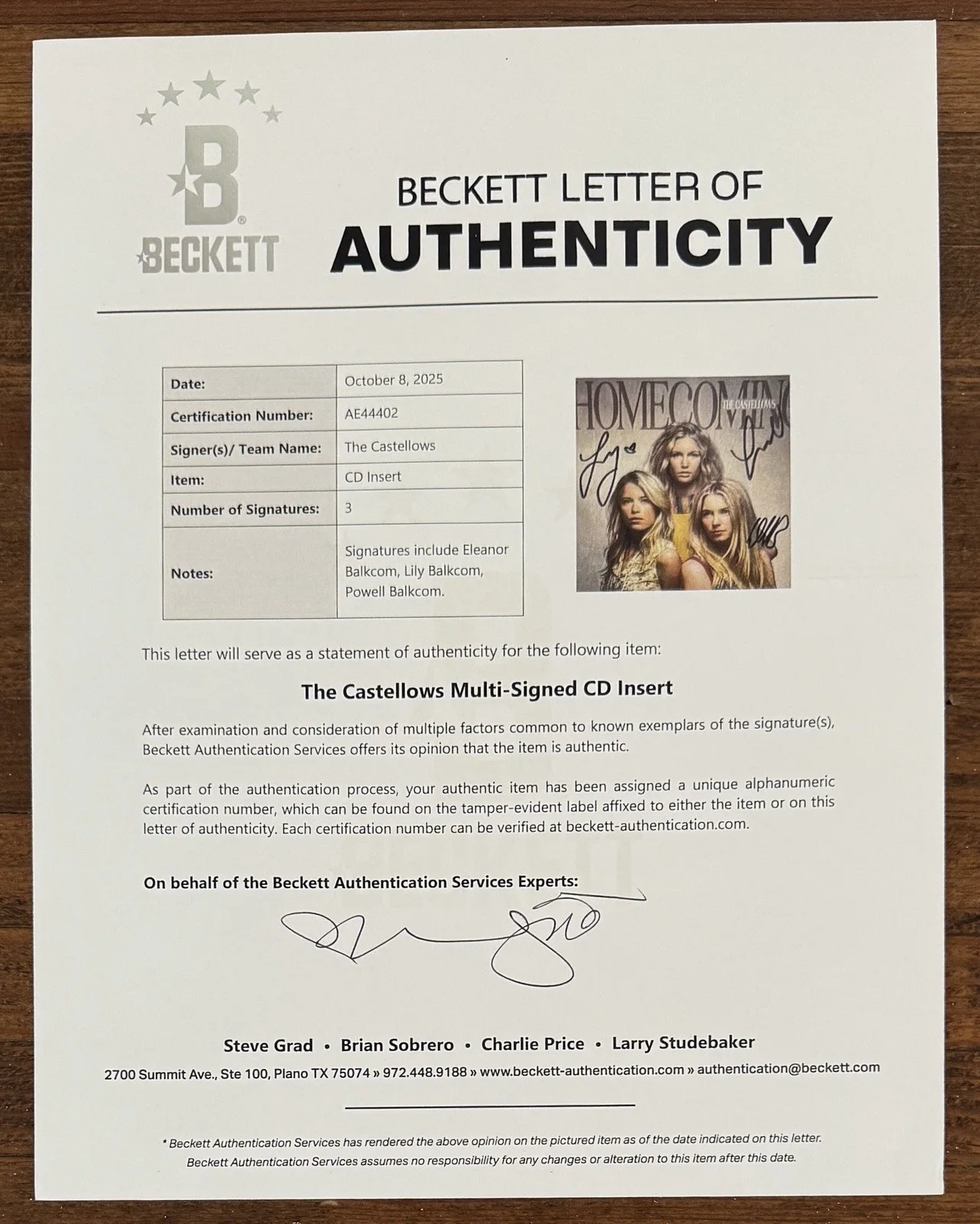 The Castellows FULL BAND SIGNED Homecoming Album Photo Card & CD BAS Beckett COA, изображение 5