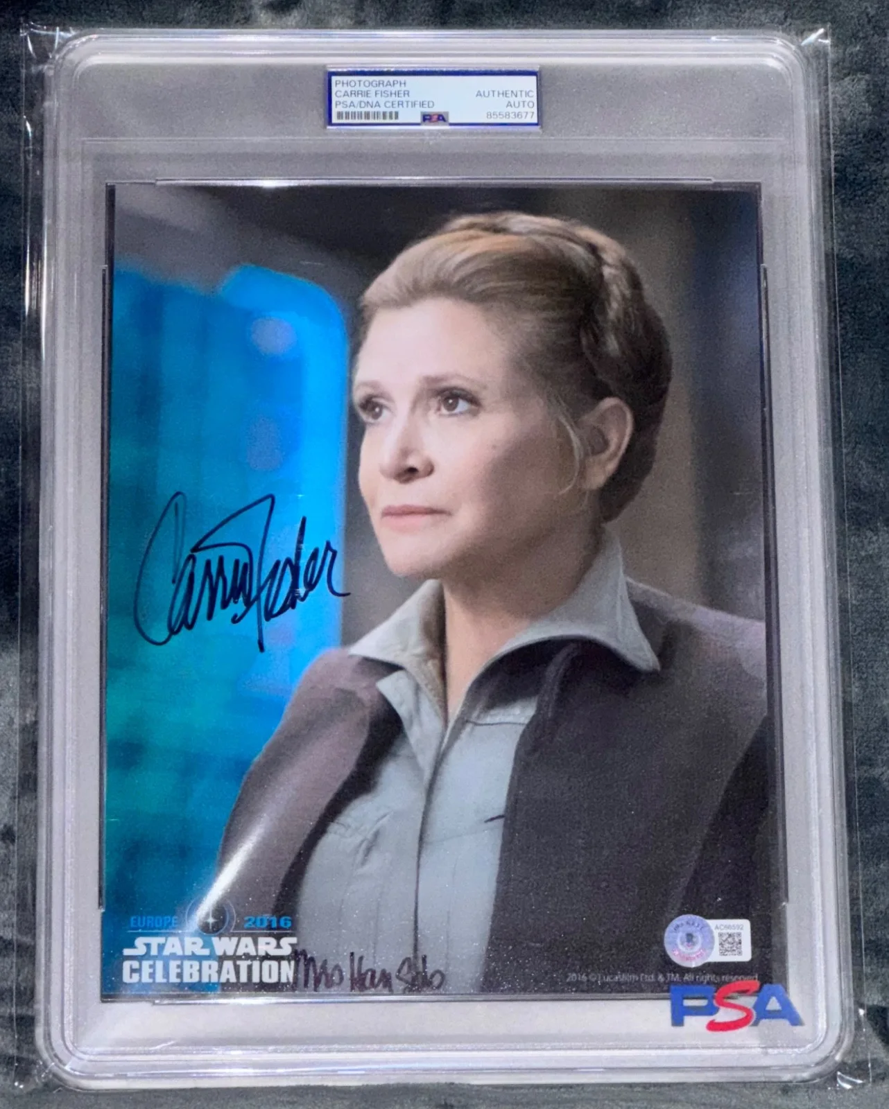 Carrie Fisher — Signed Carrie Fisher Photo Mrs Han Solo inscription Star Wars TFA 8x10 Auto PSA