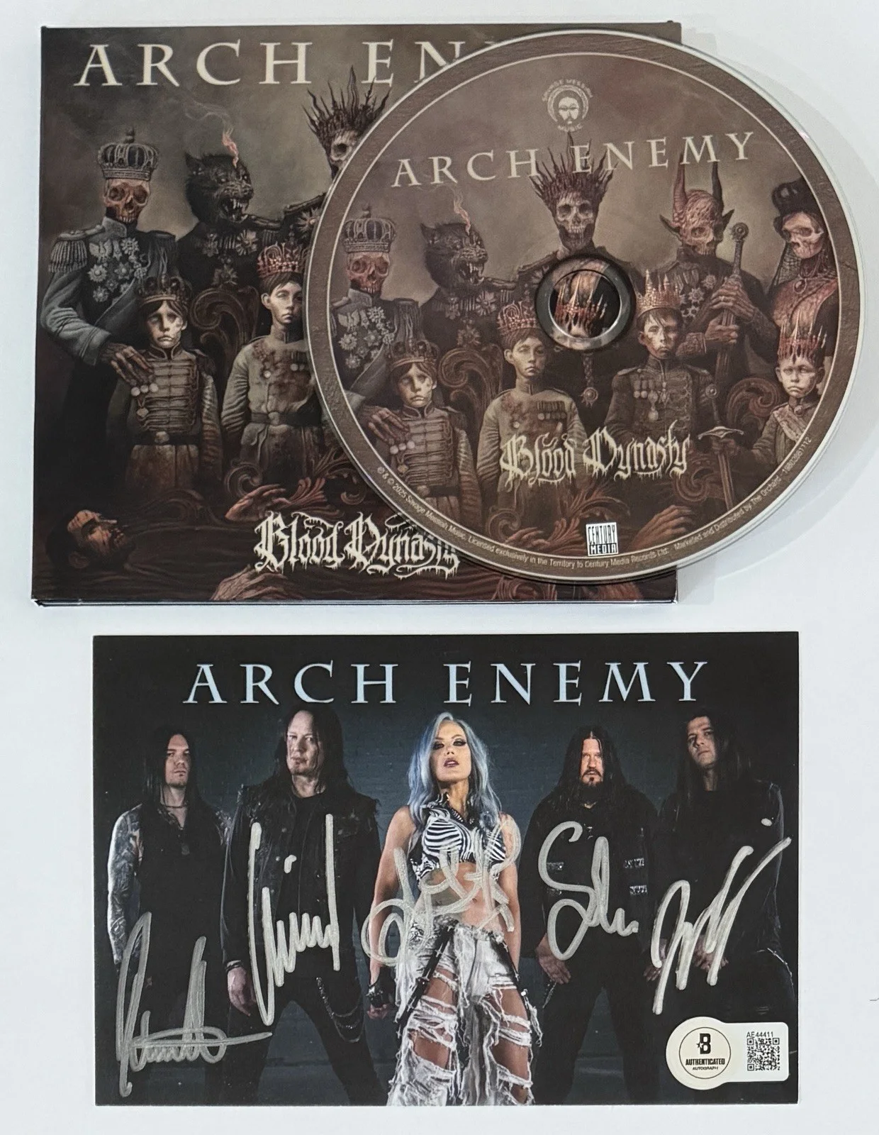 Arch Enemy ENTIRE BAND SIGNED Blood Dynasty Album Art Card & CD BAS Beckett COA, изображение 2