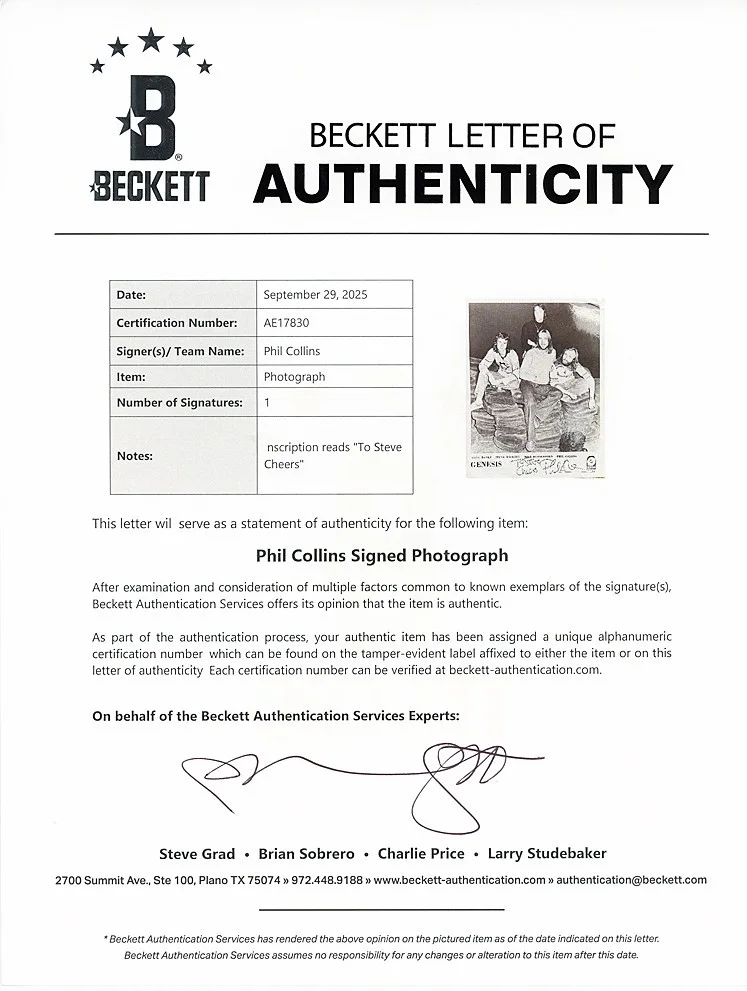 GENESIS -PHIL COLLINS- Beckett BAS Signed/Autograph/Auto 8x10 Music Promo Photo, image 2