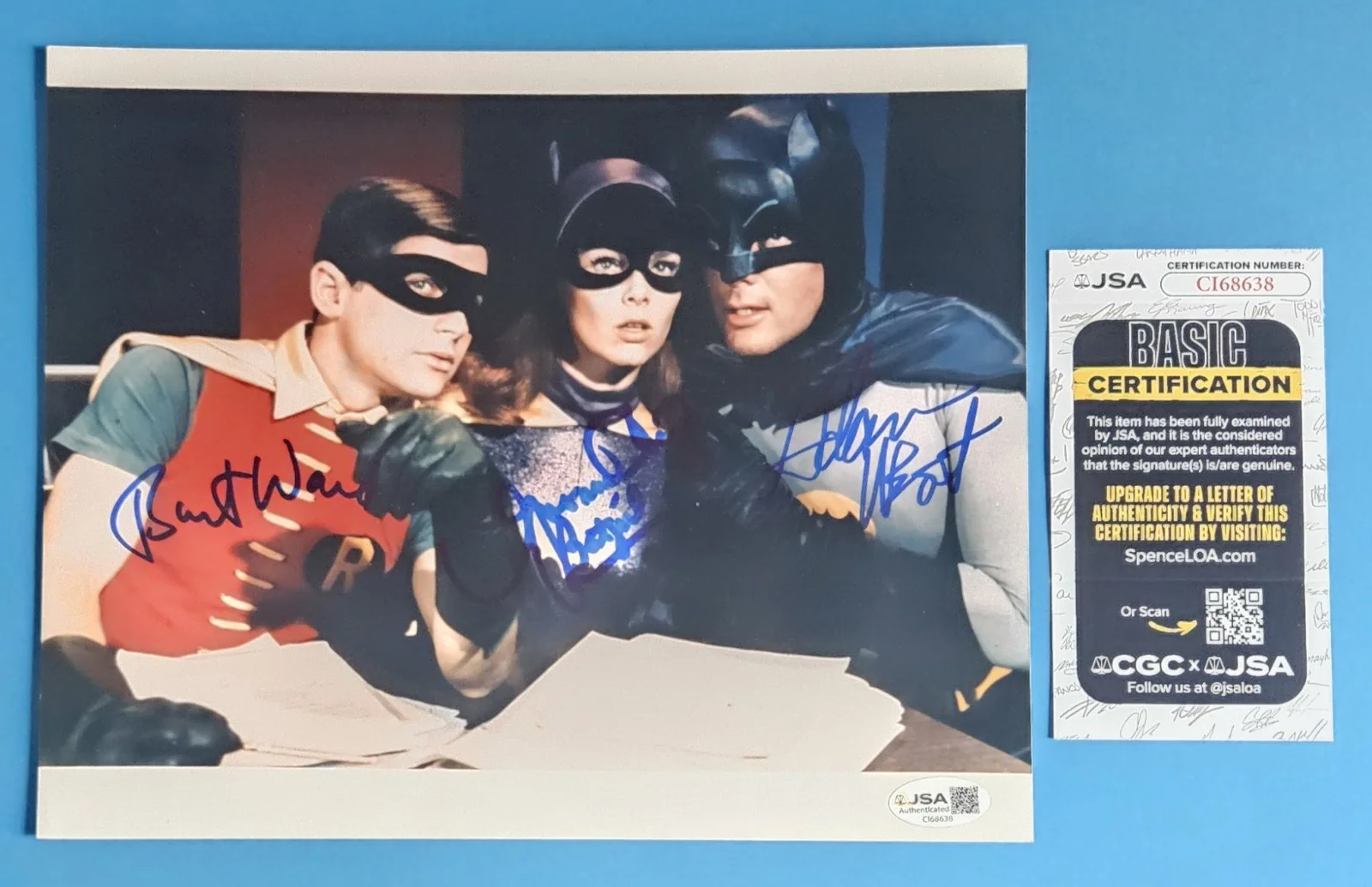 Adam West, Burt Ward and Yvonne Craig — BATMAN & BATGIRL SIGNED 8X10 PHOTO BY ADAM WEST BURT WARD & YVONNE CRAIG JSA COA