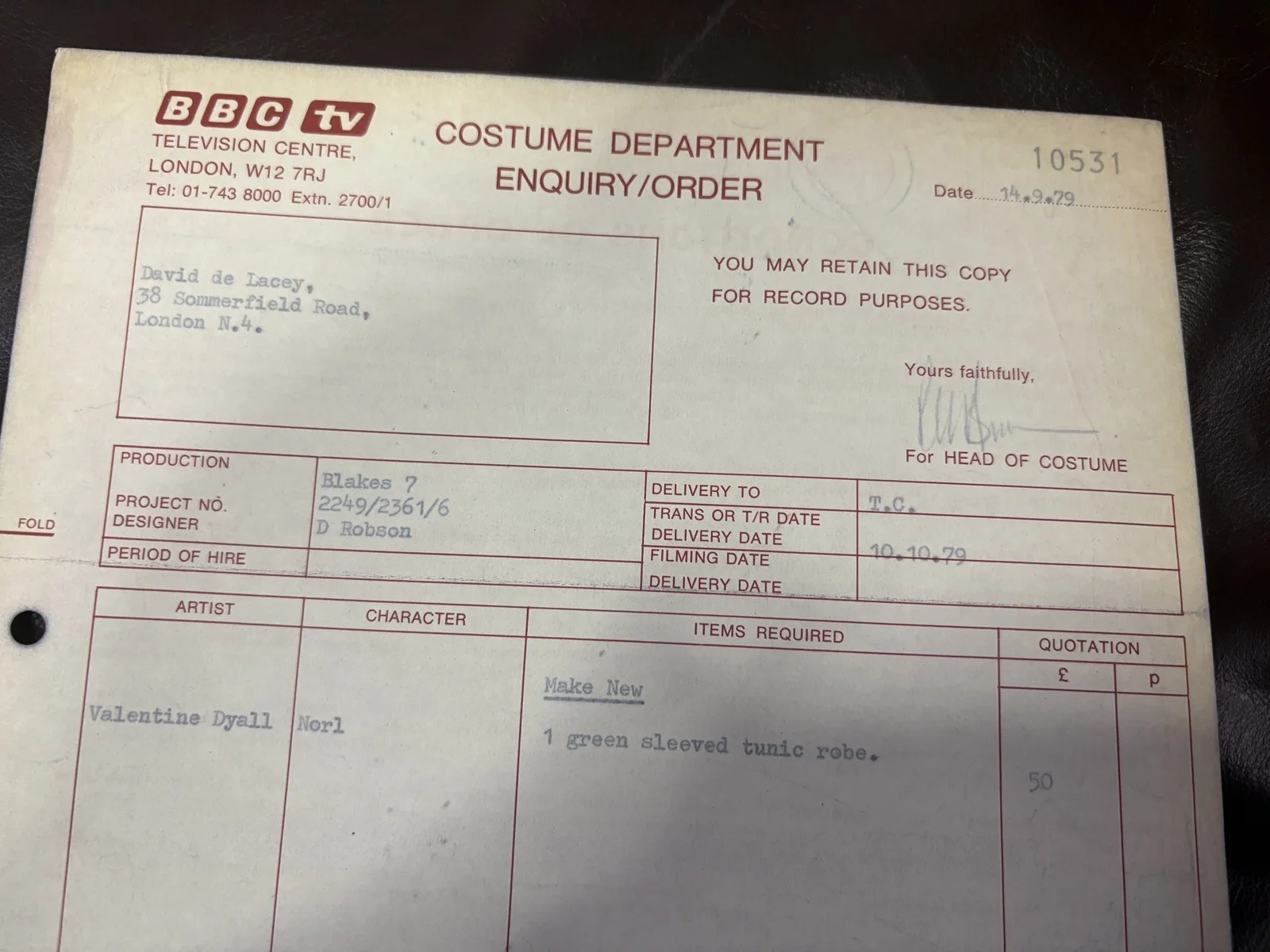 BLAKE’S 7 original BBC prop costume order form carbon, De Lacey Valentine Dyall, изображение 2