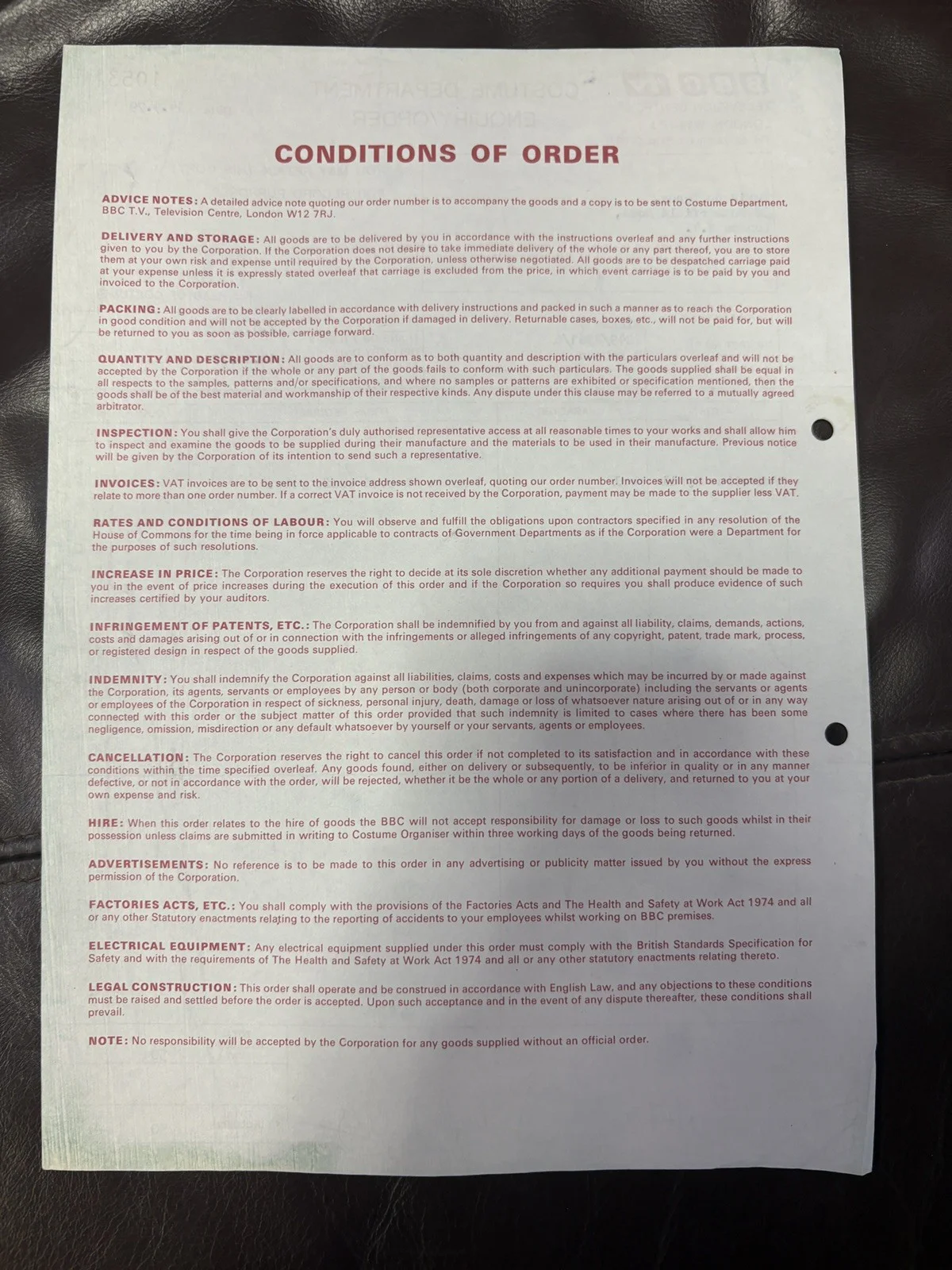 BLAKE’S 7 original BBC prop costume order form carbon, De Lacey Valentine Dyall, изображение 4