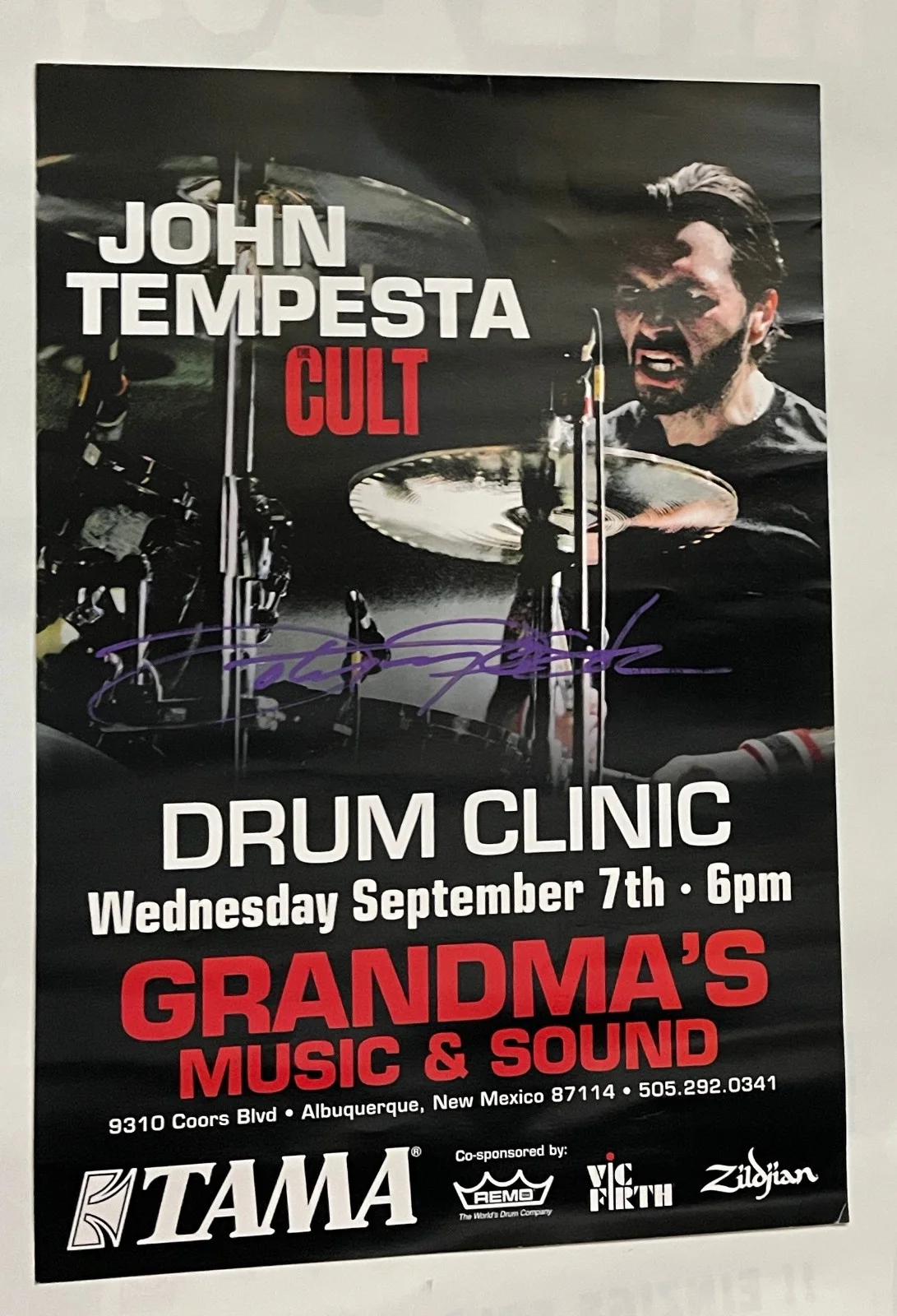 JOHN TEMPESTA — JOHN TEMPESTA The CULT Early 2000s AUTOGRAPHED ALBUQUERQUE DRUM CLINIC POSTER, image 2