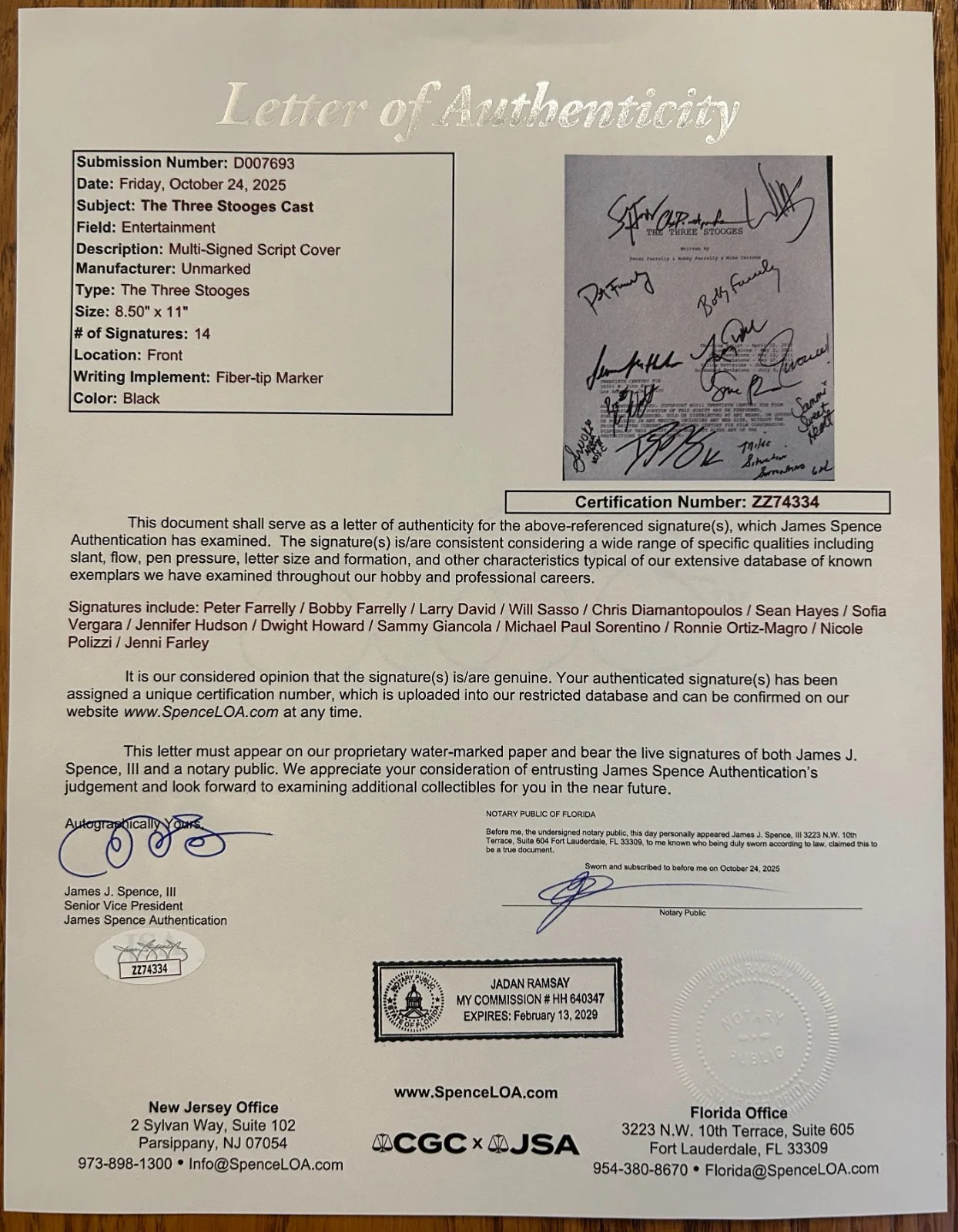 Three Stooges Movie Signed Script Cover w/ 14 Cast & Crew Signatures - JSA LOA, image 2