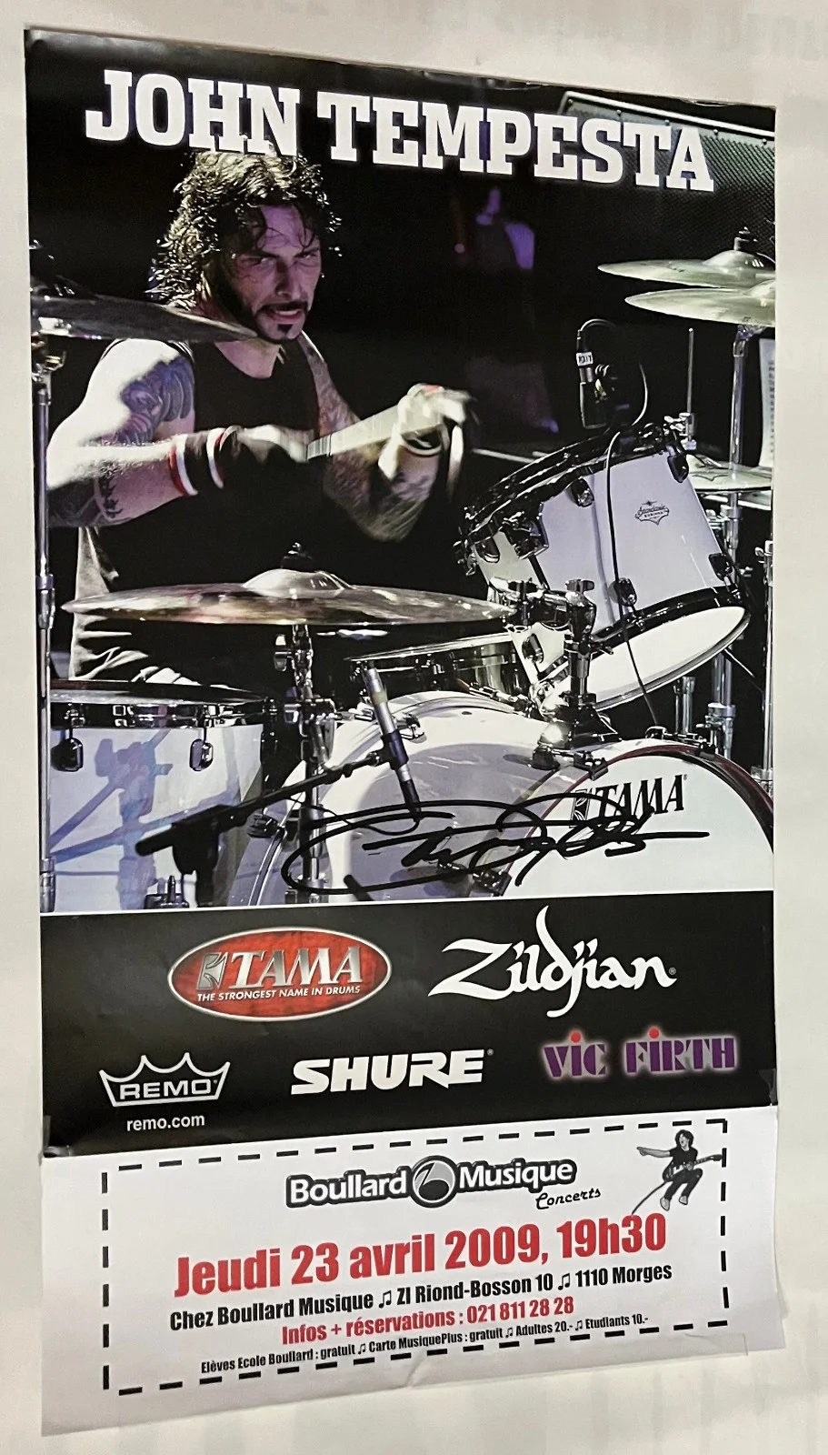JOHN TEMPESTA — JOHN TEMPESTA The CULT AUTOGRAPHED 21X11 2009 SWITZERLAND DRUM CLINIC POSTER EX, изображение 2