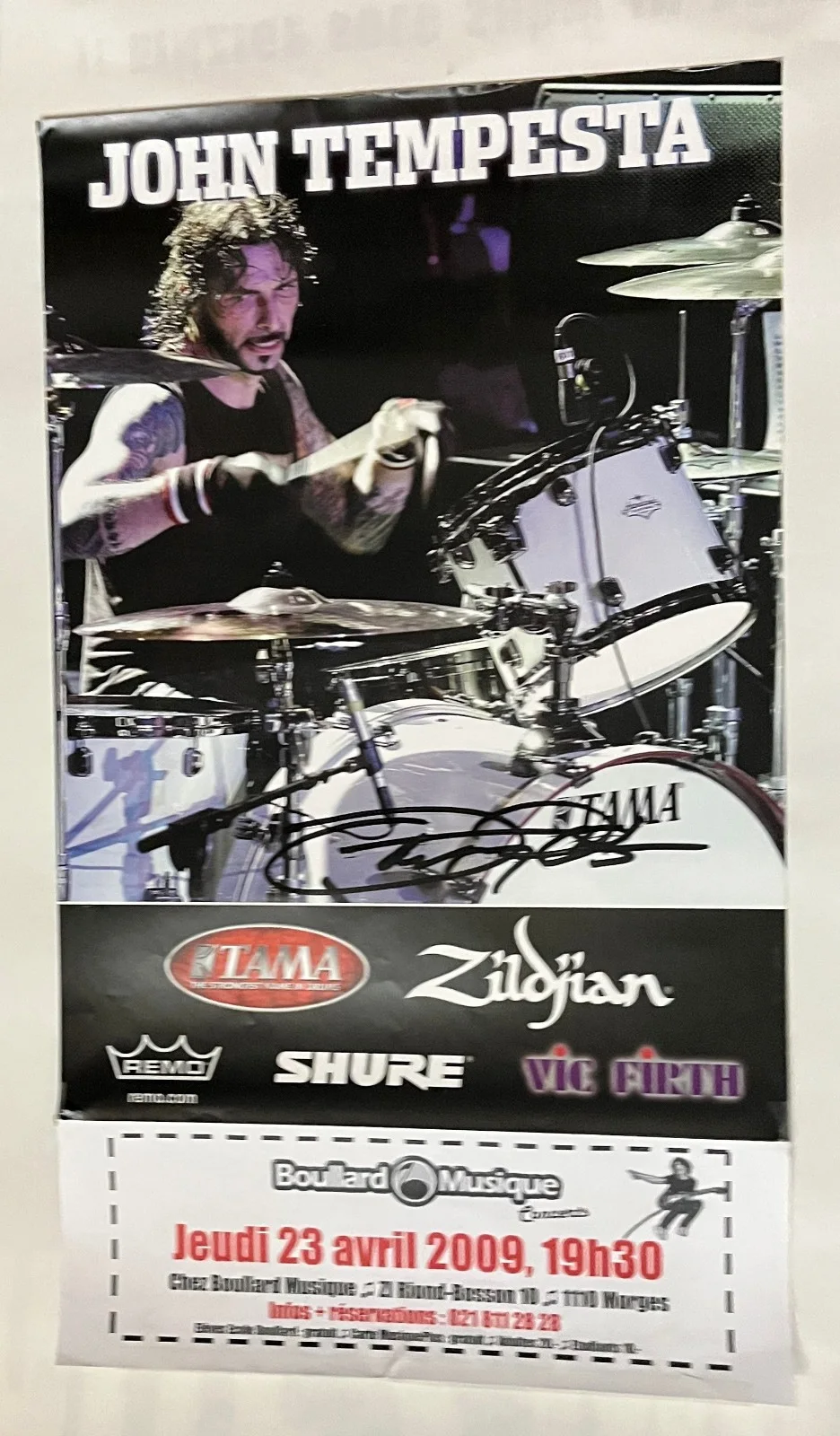 JOHN TEMPESTA — JOHN TEMPESTA The CULT AUTOGRAPHED 21X11 2009 SWITZERLAND DRUM CLINIC POSTER EX, изображение 3