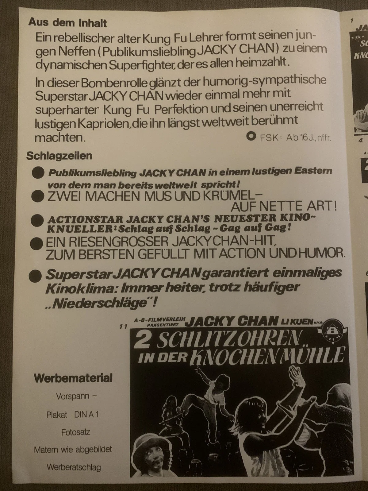 Jacky Chan The Fearless Hyena Original German Promotional Flyer - HK Classic, изображение 2