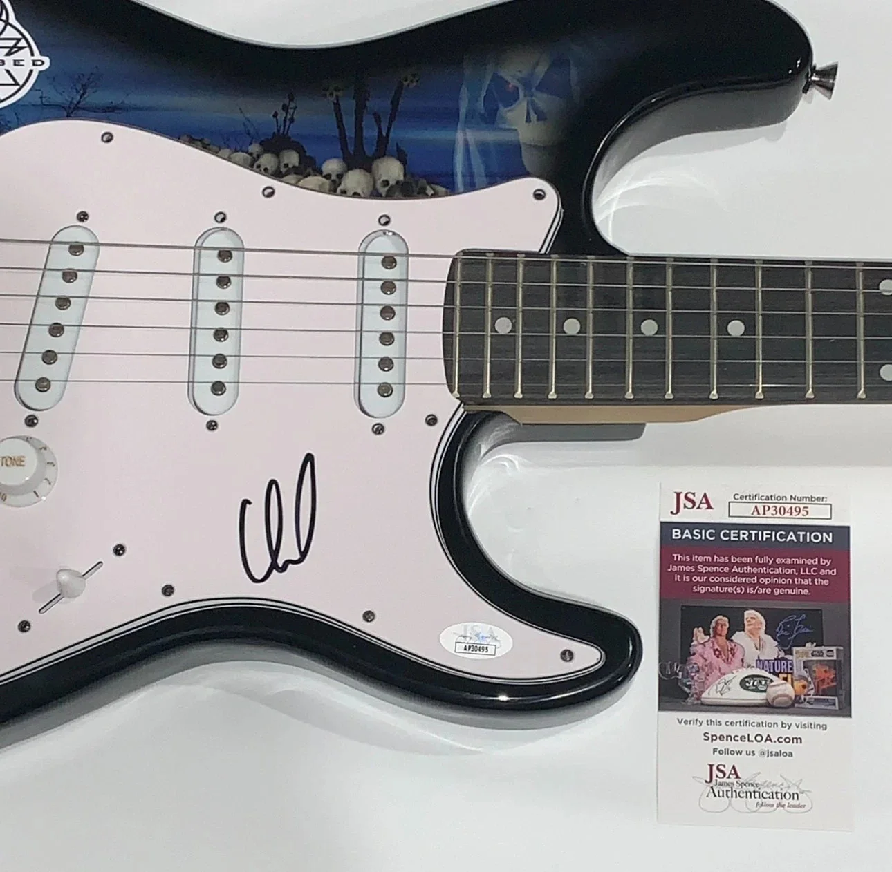 DAVID DRAIMAN SIGNED SKULL ELECTRIC GUITAR DISTURBED PROOF DAVE JSA COA, image 2