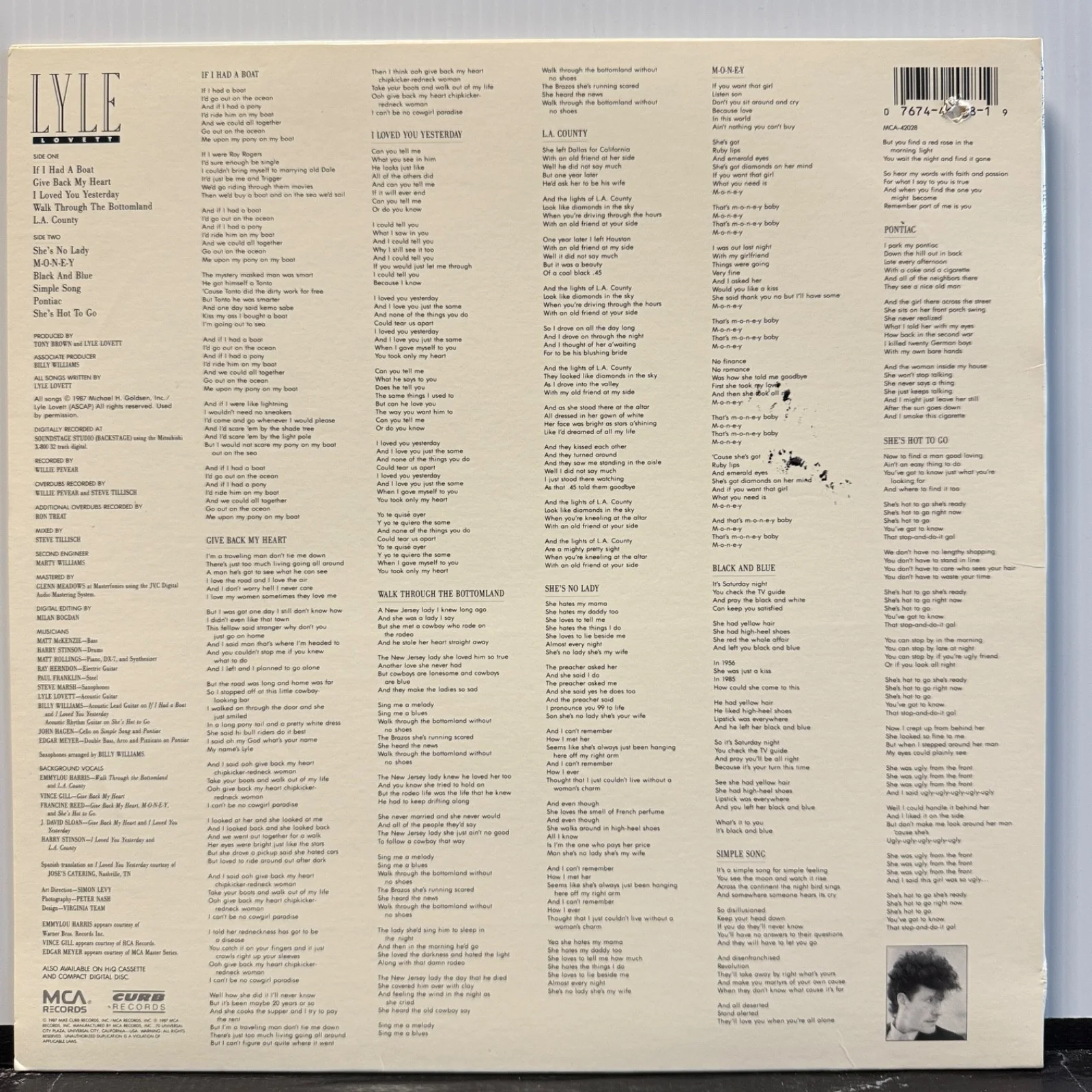 LYLE LOVETT - AUTOGRAPHED "Pontiac" vinyl album MIRO JUGUM COLLECTION MCA-42028, изображение 3