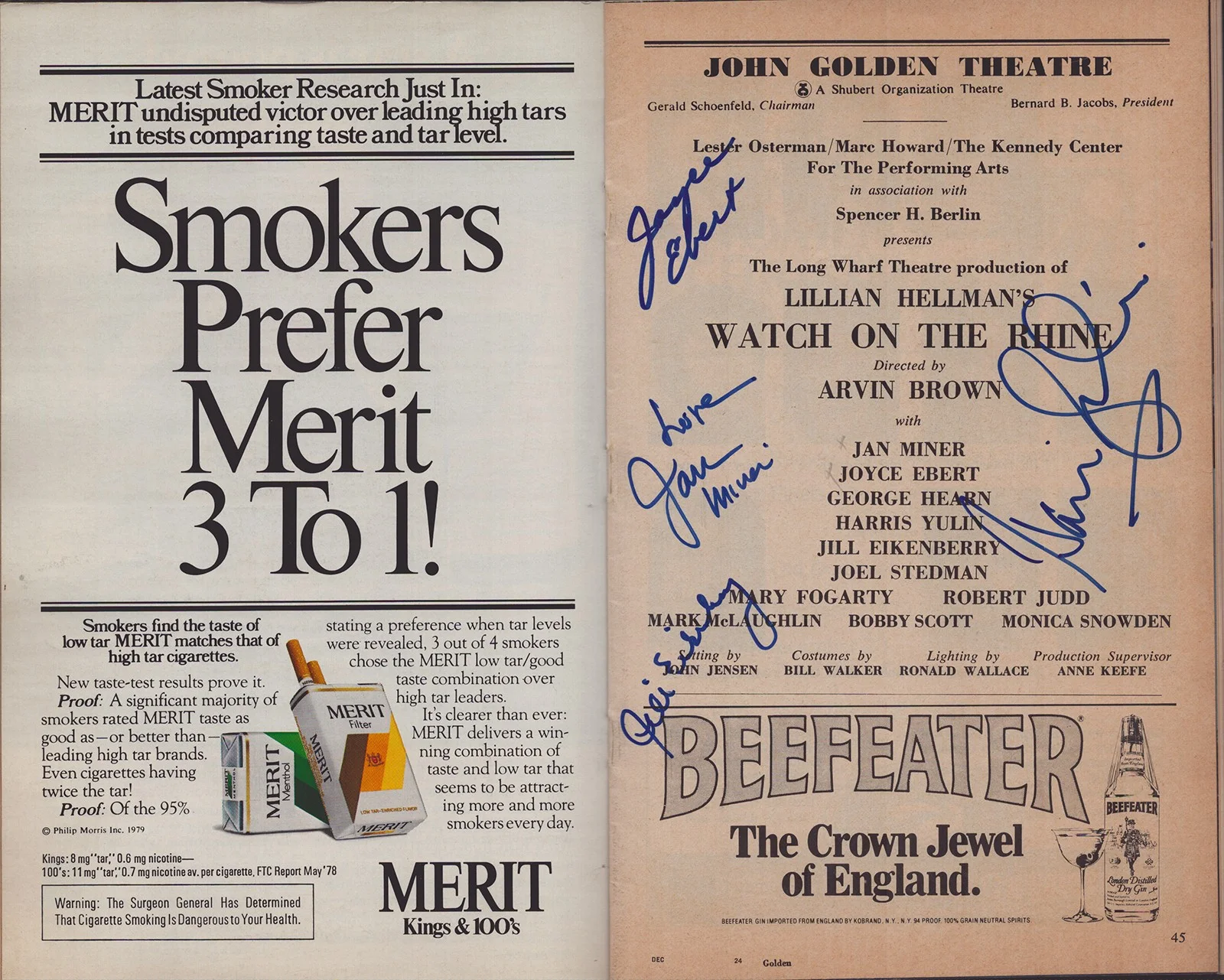 Harris Yulin, Joyce Ebert, Jan Miner, Jill Eikenberry — WATCH ON THE RHINE PLAY CAST - SHOW BILL SIGNED WITH CO-SIGNERS, изображение 2