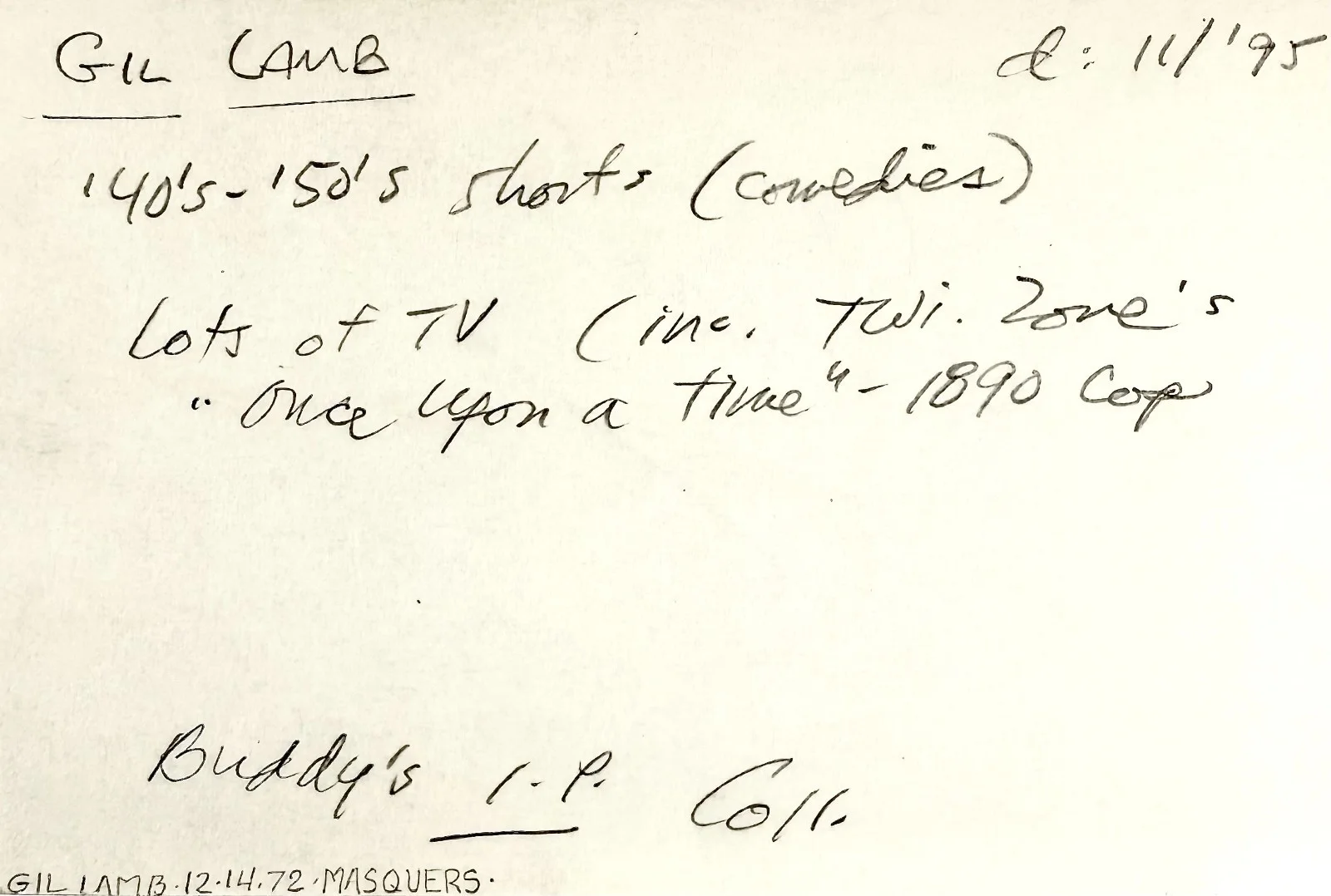 Gil Lamb — GIL LAMB Signed Autographed 4"x 6" INDEX CARD Rainbow Island Practically Yours, image 3