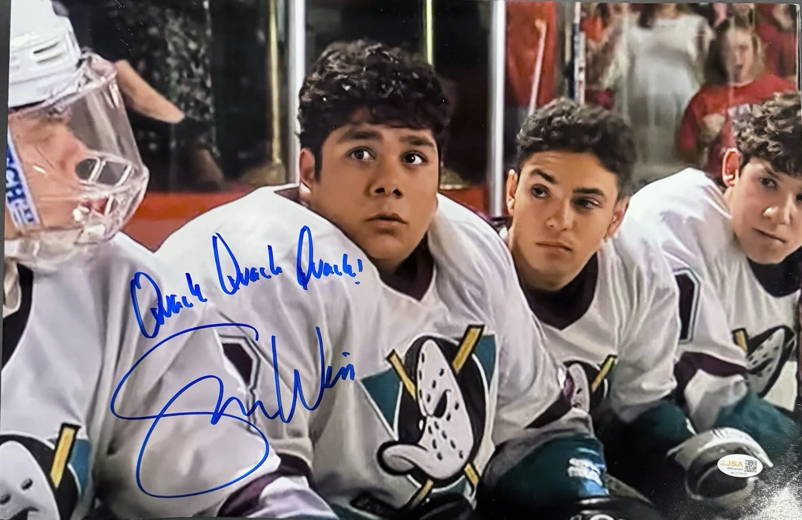 Shaun Weiss — Shaun Weiss SIGNED The Mighty Ducks 12x18 Photo w/ Quack Quack~ Goldberg #33 JSA