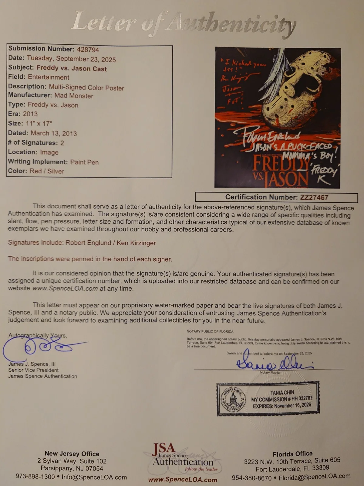 Robert Englund — Movie/London 1888 original poster Freddy vs Jason signed by Englund & Kirzinger, image 5