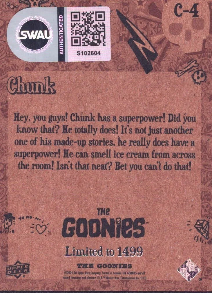 jeff cohen — Jeff Cohen Signed 2024 Upper Deck The Goonies Weekly Characters #C4 Chunk SWAU 1, image 2