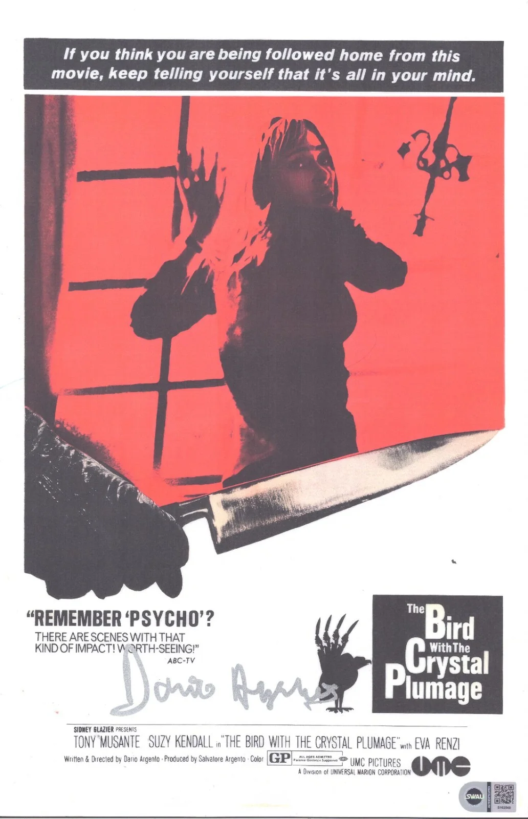 dario argento — Dario Argento Signed 11x17 Photo The Bird With The Crystal Plumage SWAU