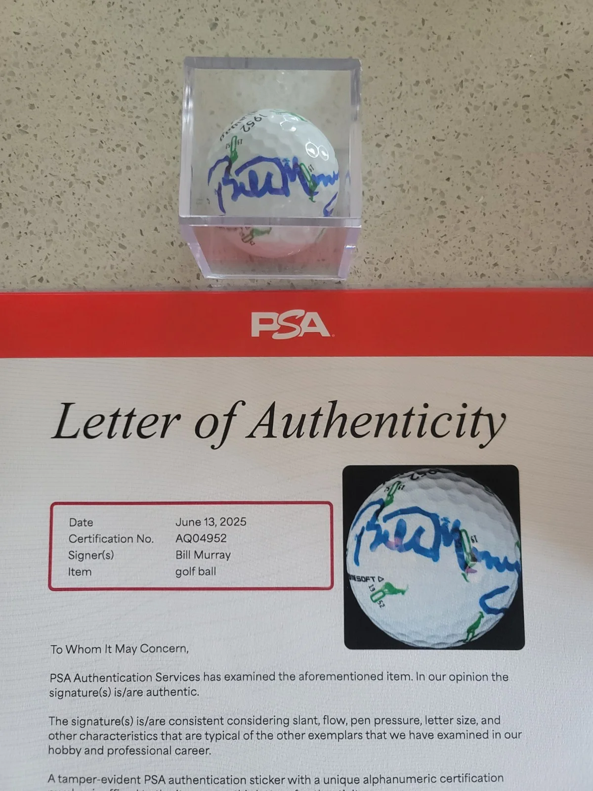Bill Murray Signed Golf Ball Autograph with Case Caddyshack Movie PSA COA Letter, image 2
