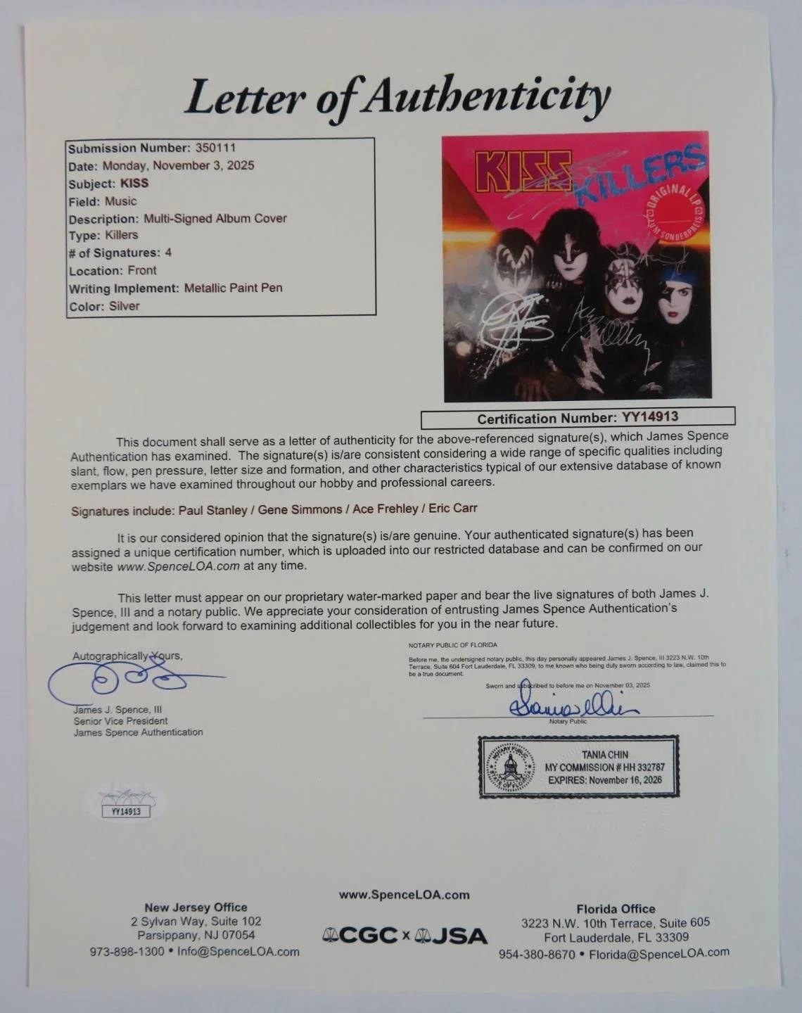 KISS Signed Autograph Auto "Killers" Album Vinyl LP by 4 JSA BAS, изображение 2