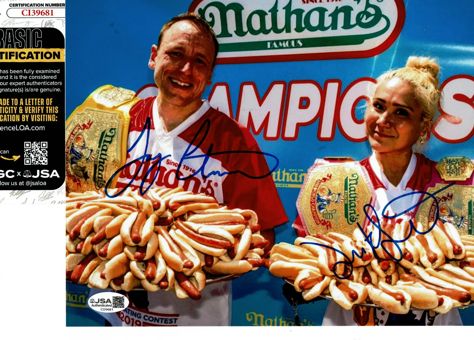 Joey Chestnut — Nathan's Hot Dog autographed photo Joey Chestnut & Miki Sudo World Champions *