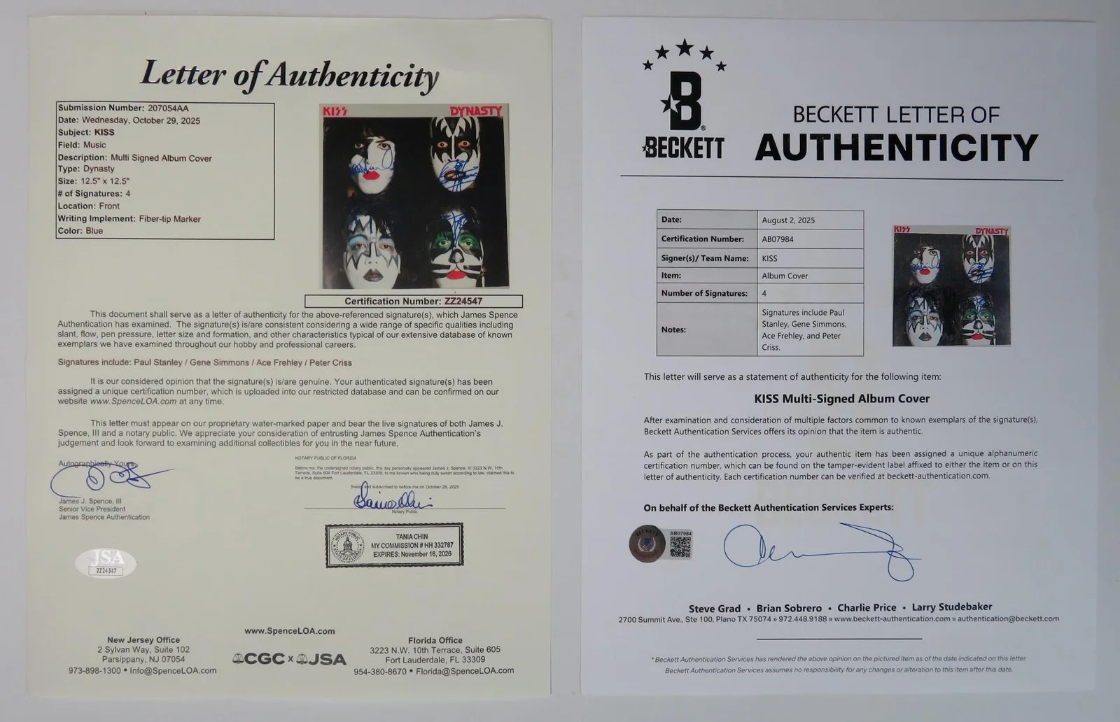 KISS Signed Autograph Auto "Dynasty" Album Vinyl LP by 4 JSA BAS, image 2