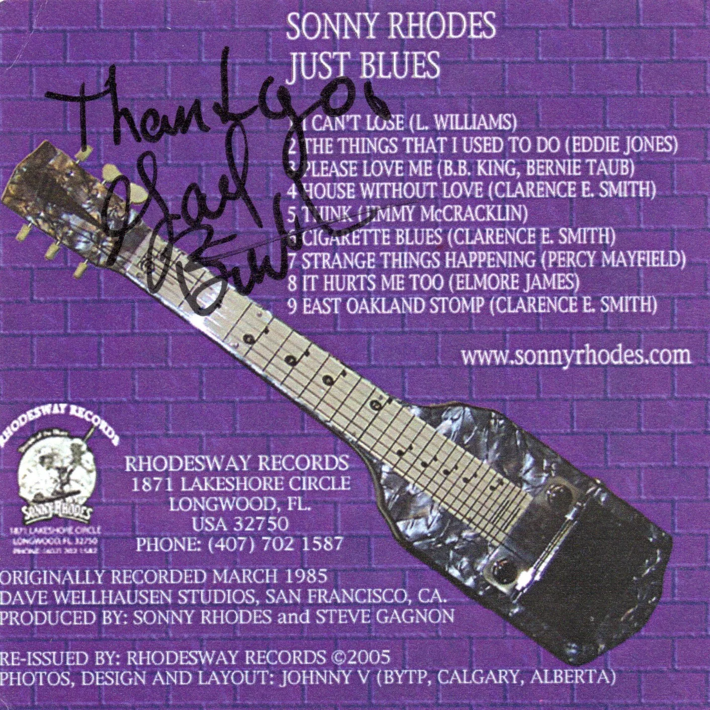SONNY RHODES Just Blues Autographed CD Cover/Booklet CD NOT INCLUDED, изображение 2