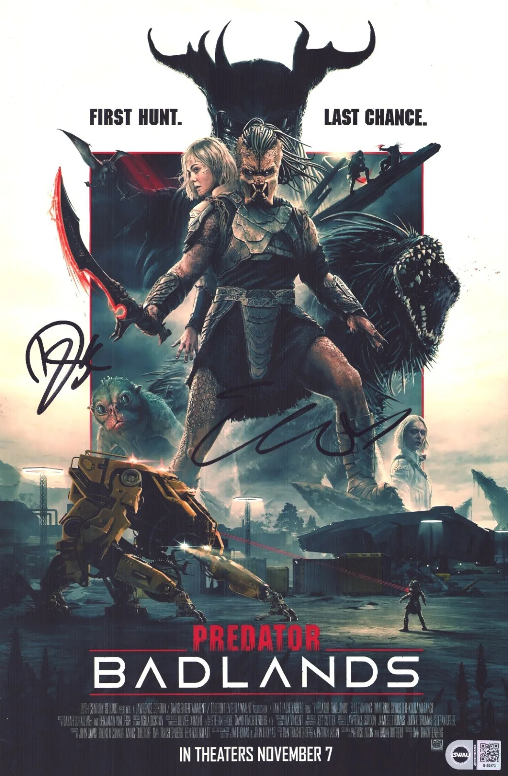 elle fanning and Dimitrius Schuster-Koloamatangi — Elle Fanning Dimitrius Schuster-Koloamatangi Signed 11x17 Predaror Badlands SWAU