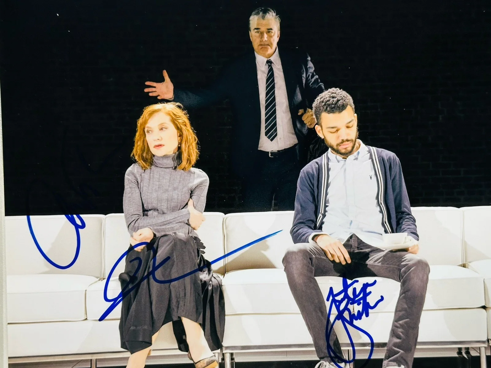 Isabelle Huppert, Chris Noth & Justice Smith — Isabelle Huppert, Chris Noth & Justice Smith signed Mother 8x10 photo. Proof.