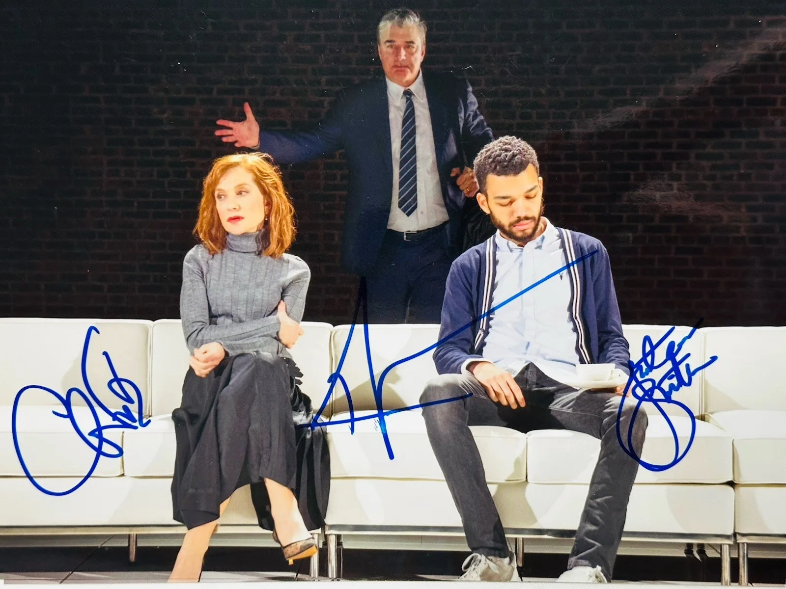 Isabelle Huppert, Chris Noth & Justice Smith — Isabelle Huppert, Chris Noth & Justice Smith signed Mother 8x10 photo. Proof.