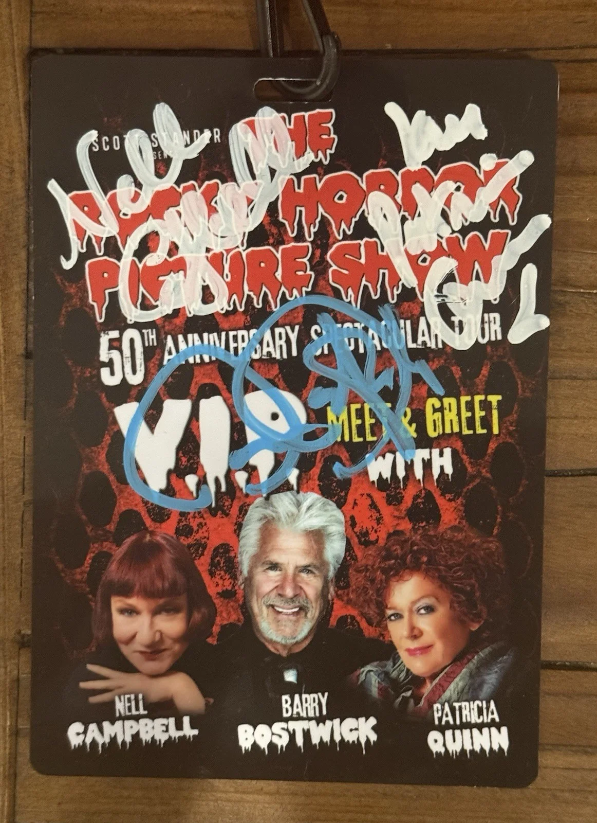 Barry Bostwick, Nell Campbell, Patricia Quinn — SIGNED Rocky Horror 50th Anniversary Tour VIP Badge - Campbell, Bostwick, Quinn
