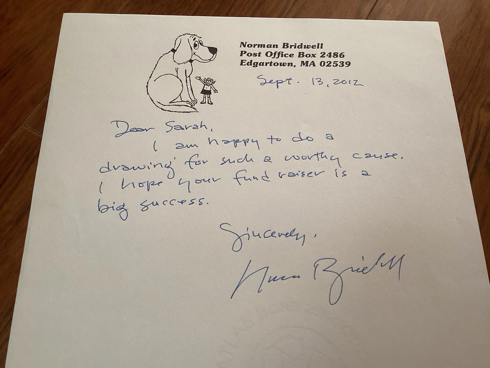NORMAN BRIDWELL SIGNED AUTOGRAPHED HAND WRITTEN LETTERHEAD CLIFFORD BIG RED DOG, image 2