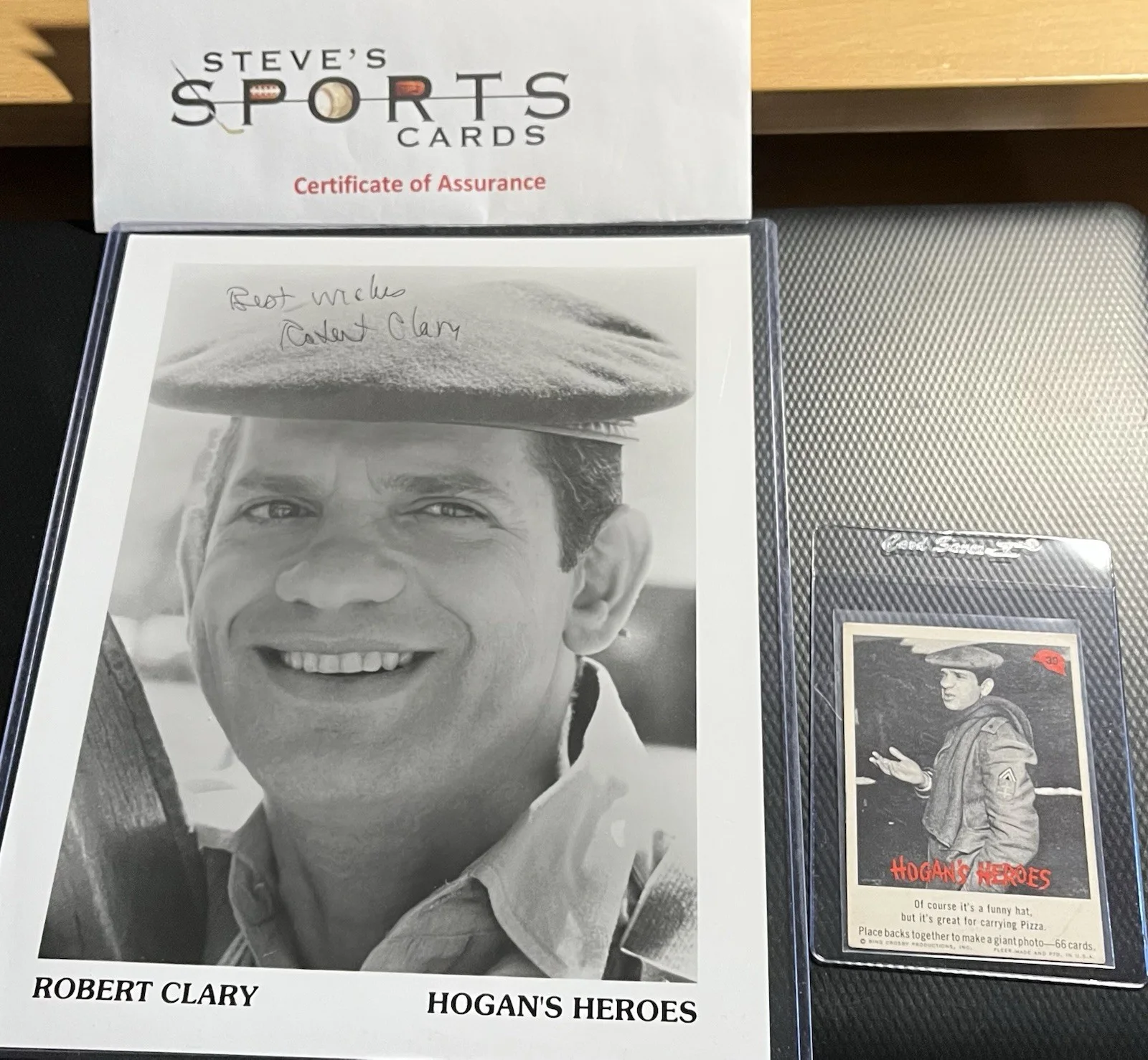 Robert Clary — Robert Clary aka LeBeau Hogans Heroes Signed 8x10 Auto & Orig 1965 Fleer Card, image 2