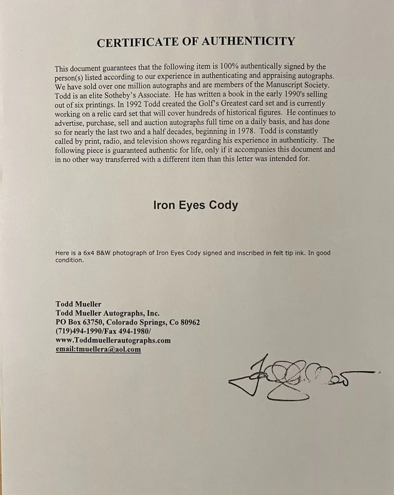 Iron Eyes Cody — Iron Eyes Cody Signed Photo With Mueller COA American Indian Actor Autographed, изображение 2