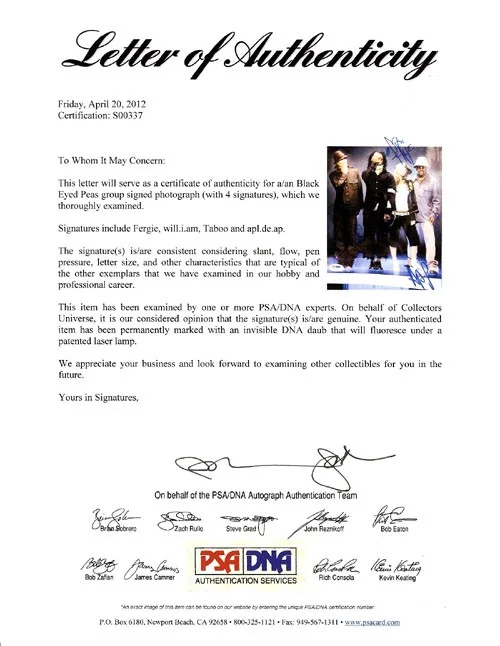 Black Eyed Peas Auto 8x10 Photo Fergie, will.i.am, Taboo & apl.de.ap PSA/DNA, изображение 2