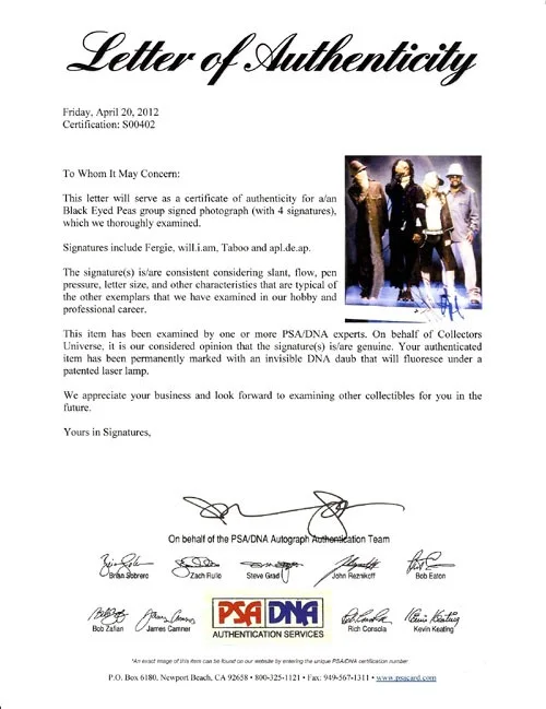 Black Eyed Peas Auto 8x10 Photo Fergie, will.i.am, Taboo & apl.de.ap PSA/DNA, image 2