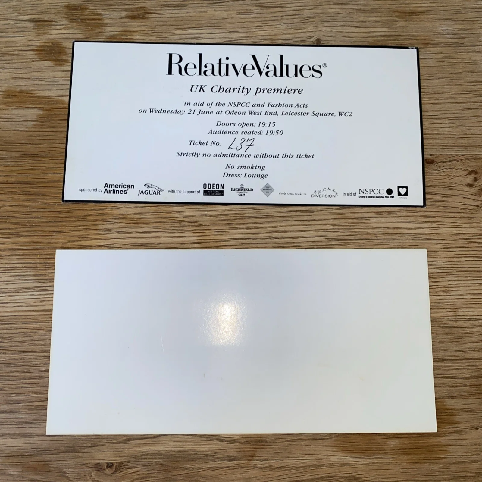 RELATIVE VALUES UK CHARITY PREMIERE & POST PARTY TICKETS LEICESTER SQ 21/06/2000, image 2