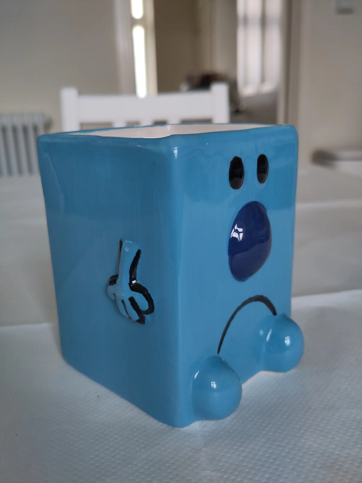 Mr. Grumpy blue cube character mug, image 2