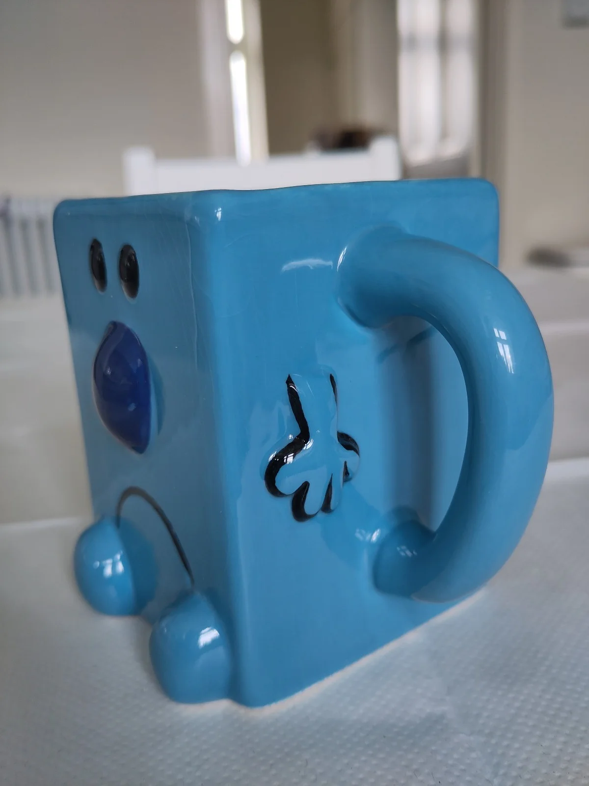 Mr. Grumpy blue cube character mug, image 3