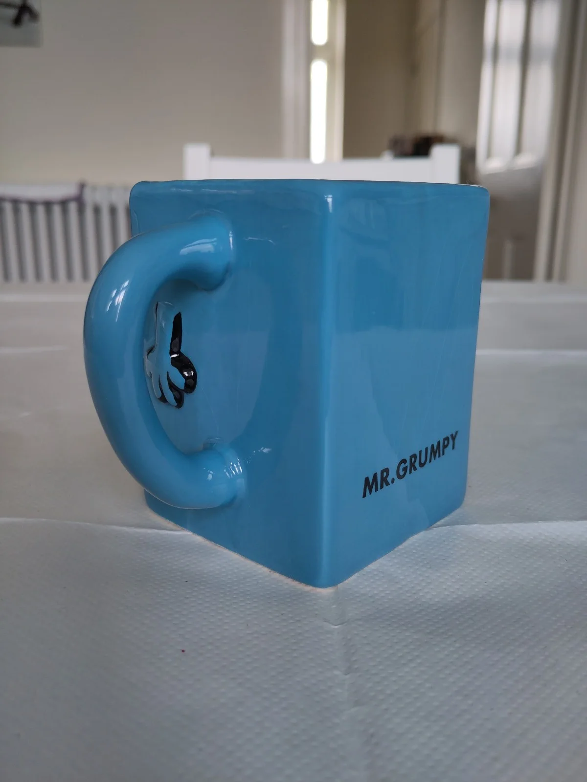 Mr. Grumpy blue cube character mug, image 4