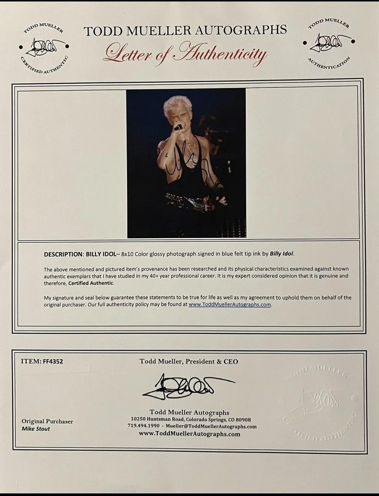 Billy Idol Authentic Signed Photo With Mueller COA 8x10 Rebel Yell White Wedding, изображение 2
