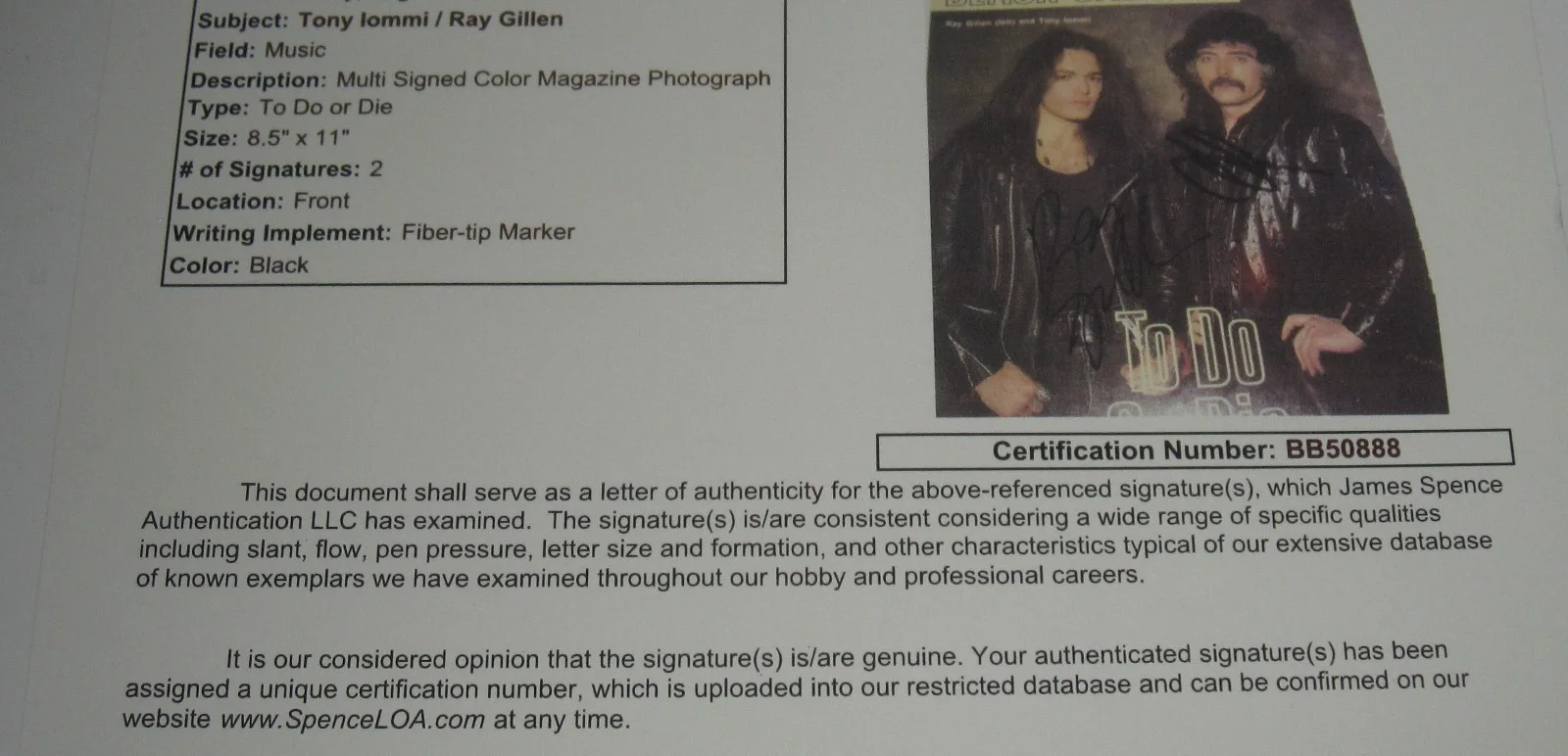 TONY IOMMI SIGNED MAGAZINE PHOTO RAY GILLEN BLACK SABBATH ROCK AUTOGRAPH JSA LOA, изображение 5
