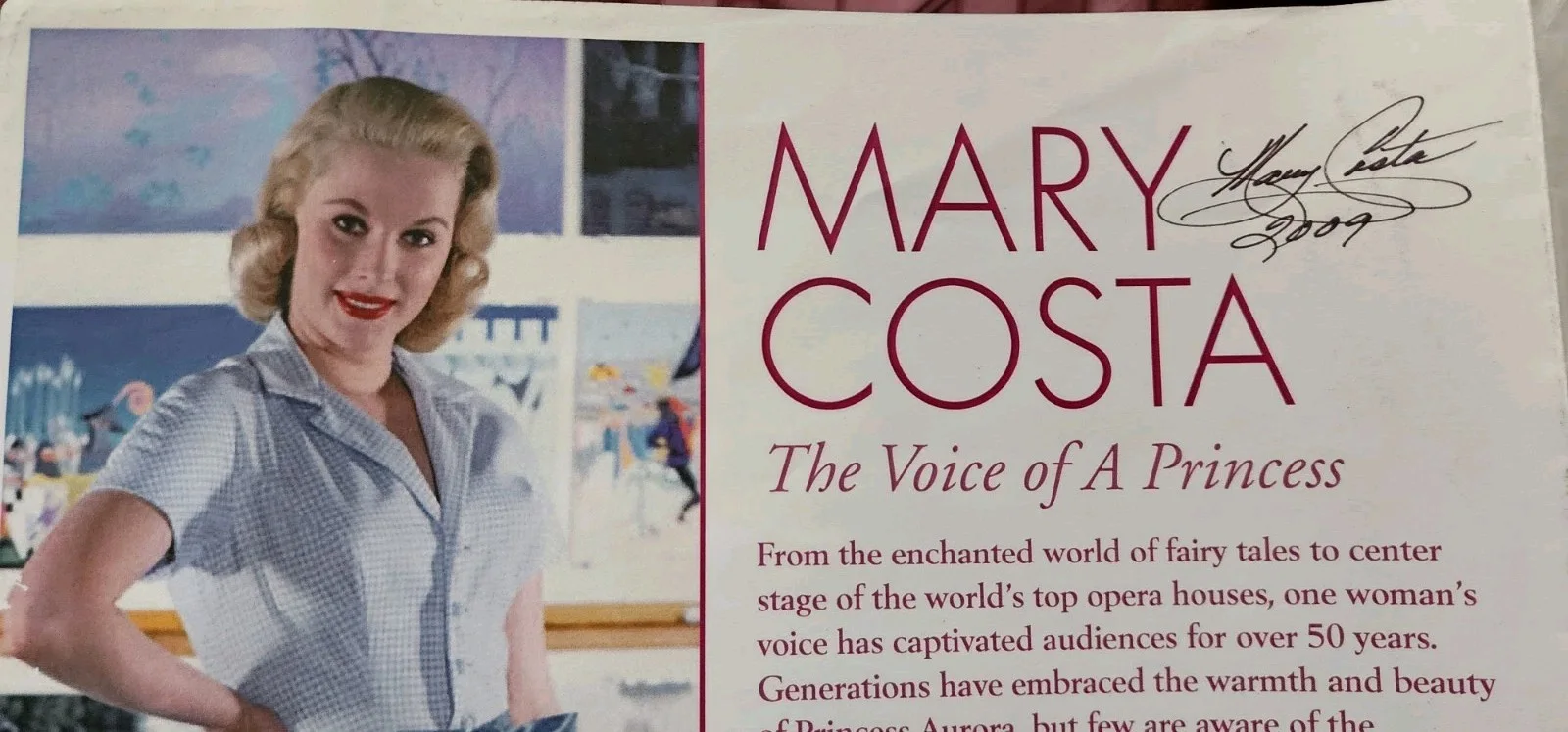 Mary Costa — Mary Costa Princess Aurora Disney Sleeping Beauty Signed Autograph 17×11, image 3