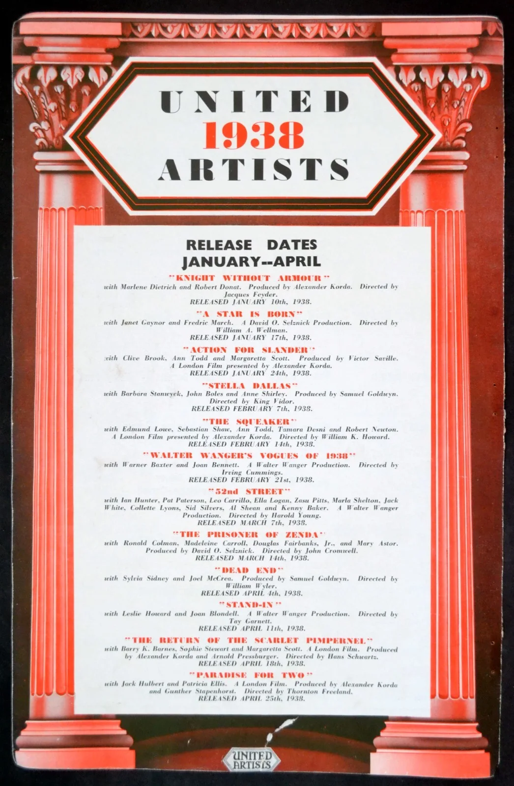 UNITED ARTISTS 1938 Knight Without Armour, Dead End, The Hurricane TRADE ADVERT, изображение 2