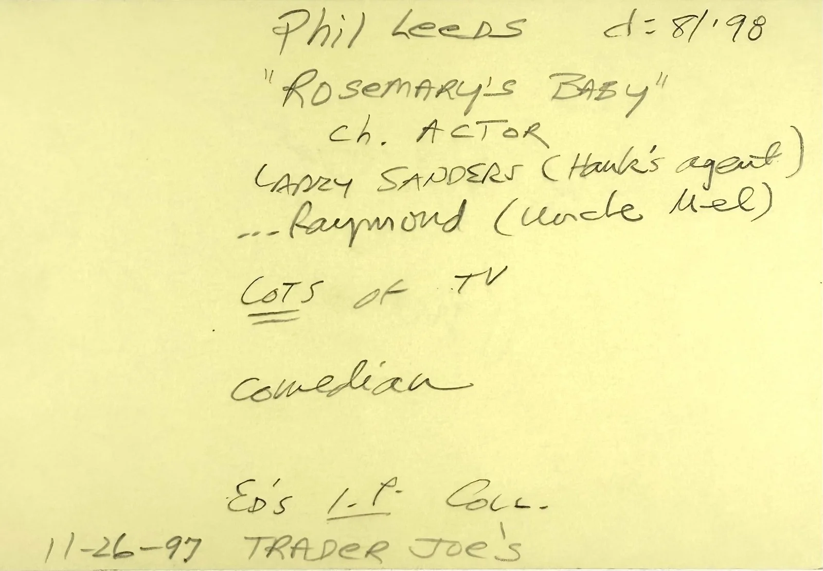 Phil Leeds — PHIL LEEDS Signed Autographed 4x6 INDEX CARD GHOST Rosemary's Baby Double Rush, image 3