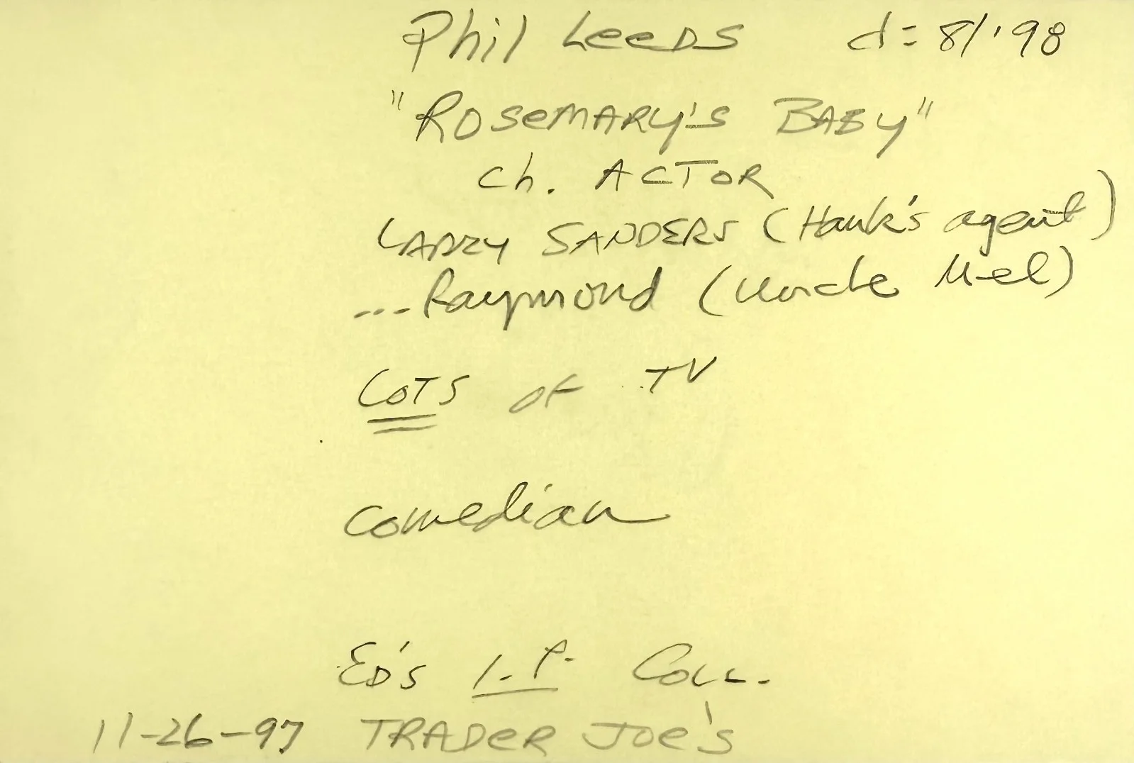 Phil Leeds — PHIL LEEDS Signed Autographed 4x6 INDEX CARD GHOST Rosemary's Baby Double Rush, image 5