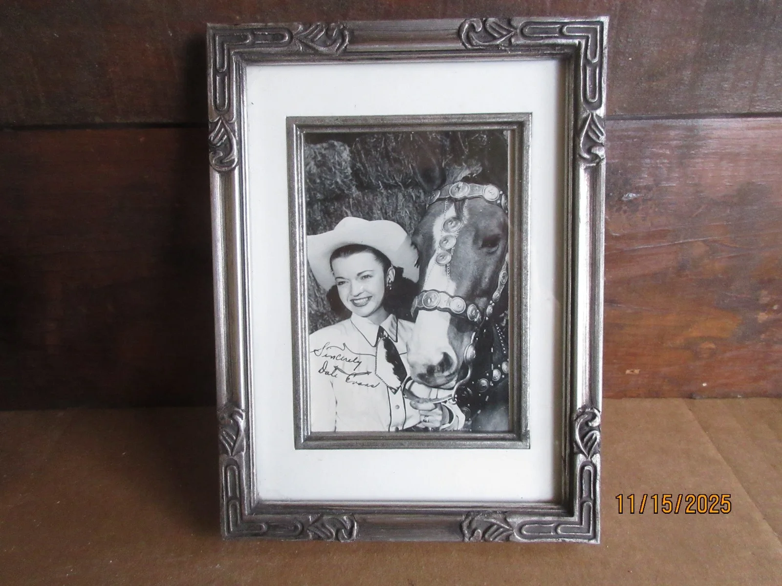 Dale Evans — Vintage 1950 Black & White Autographed Postcard Dale Evans with her Horse Framed
