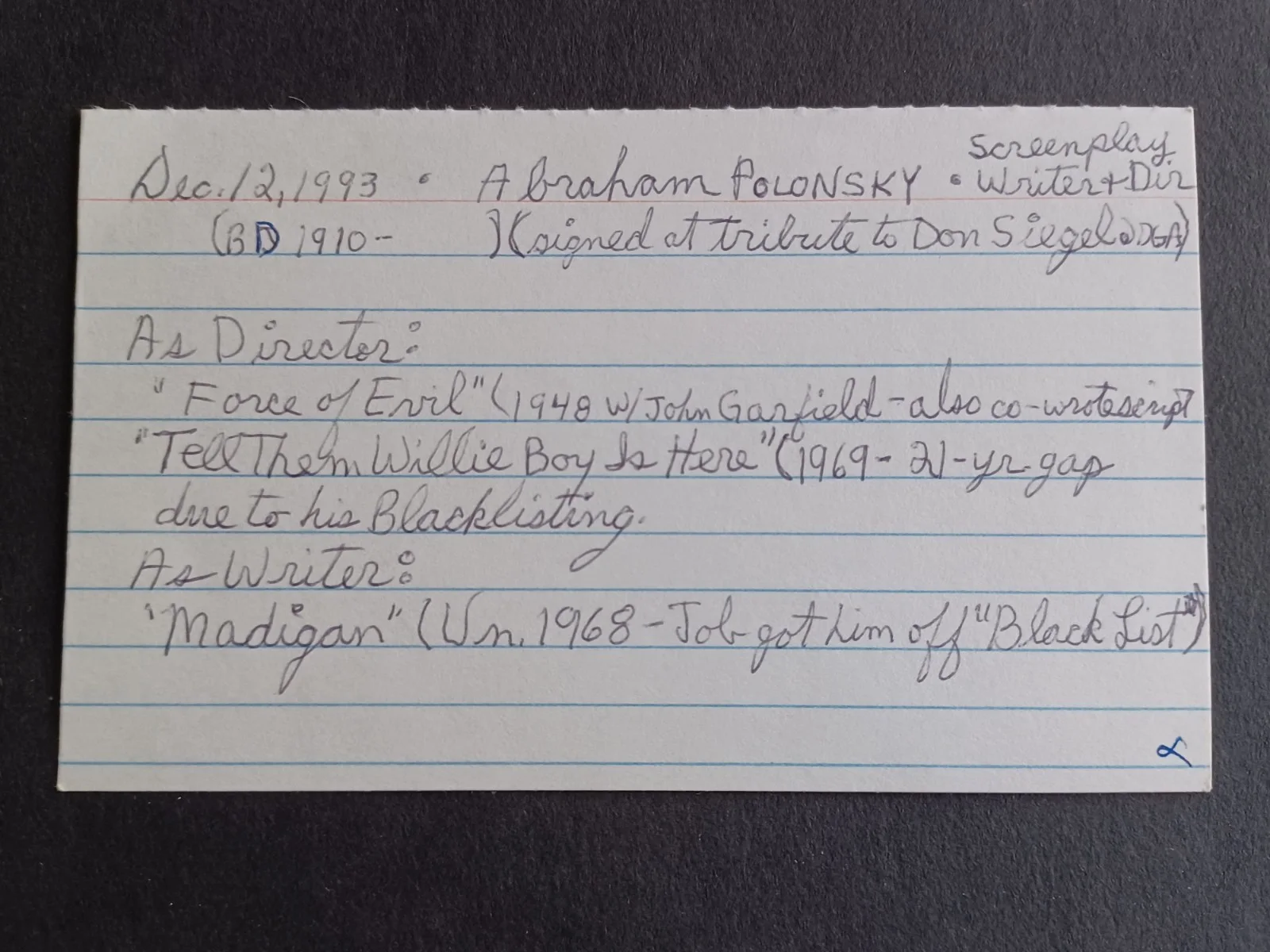 Abraham Polonsky (d. 1999) Signed Index Card - Film Director, изображение 2